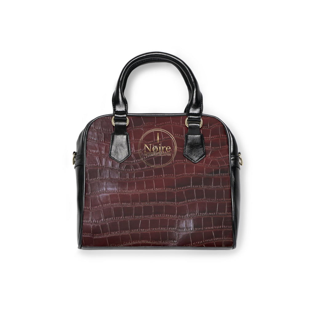 Croc-Embossed Shoulder Handbag — Burgundy "Noire" Accent