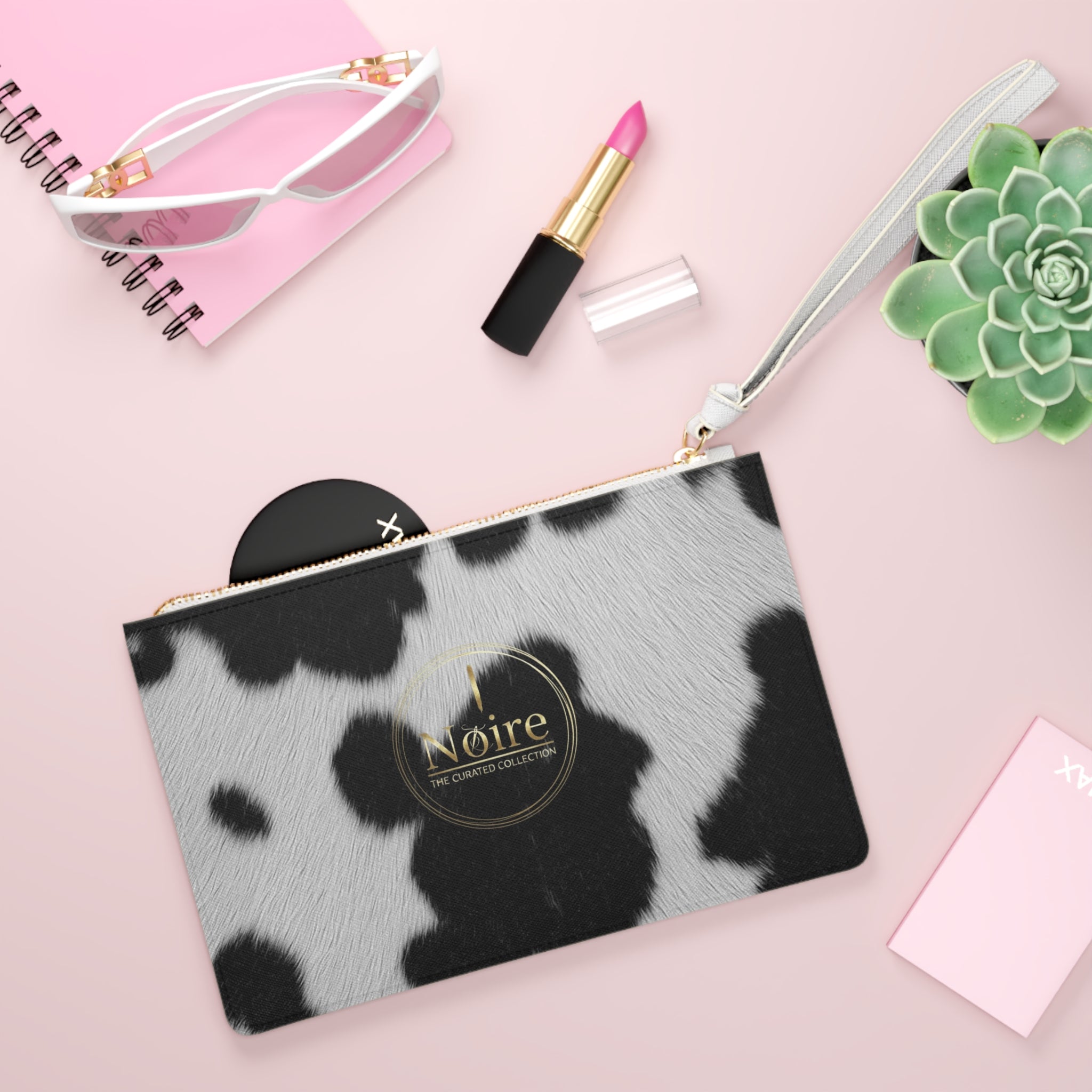 Cow Print Wristlet Clutch Bag — Black & White Faux Fur Pattern