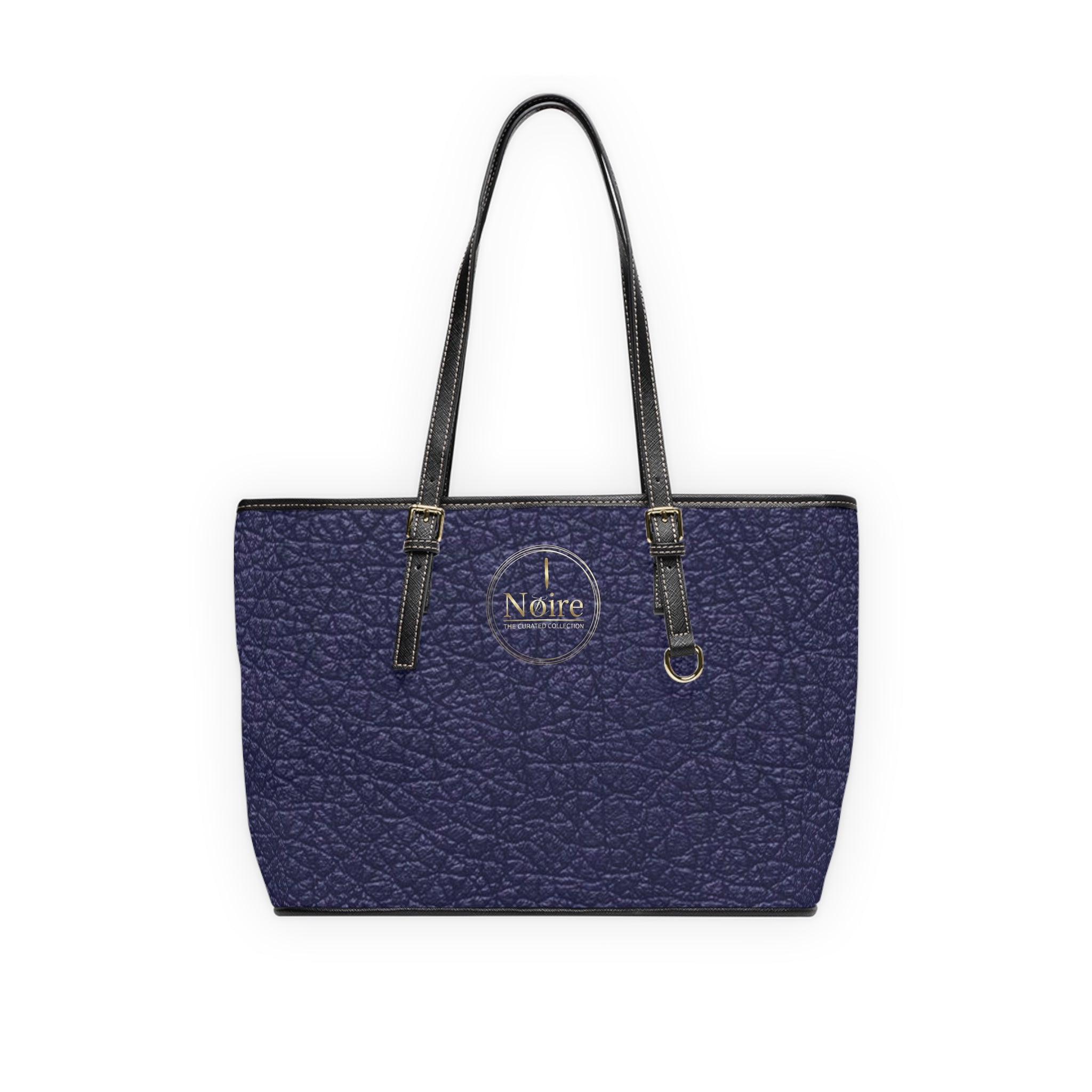 Noire Embossed PU Leather Shoulder Bag – Navy Tote with Gold Logo