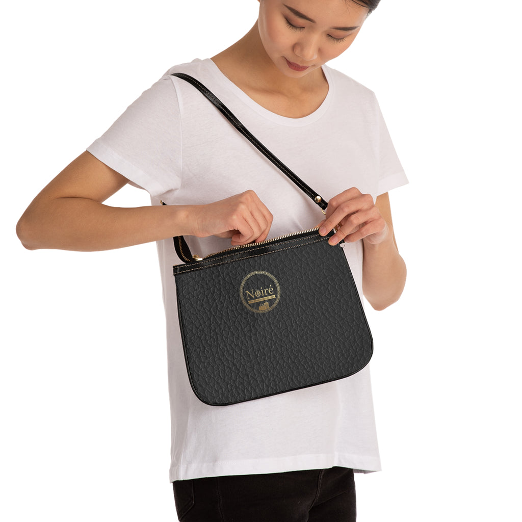 Black Pebbled Leather Small Shoulder Bag, Adjustable Strap | Minimal Logo Accent