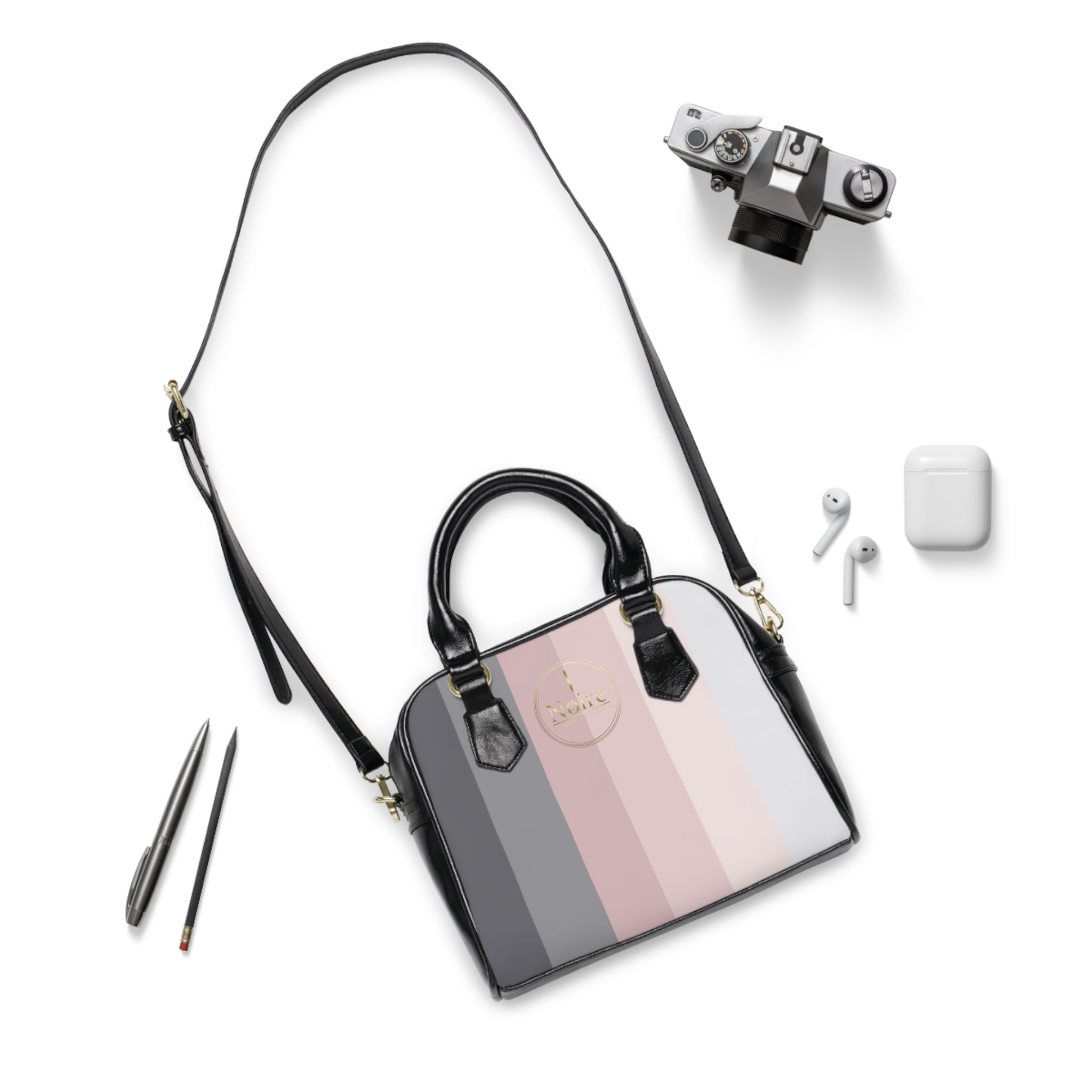 Pastel Striped Shoulder Handbag – Neutral Pink & Gray Fashion Tote