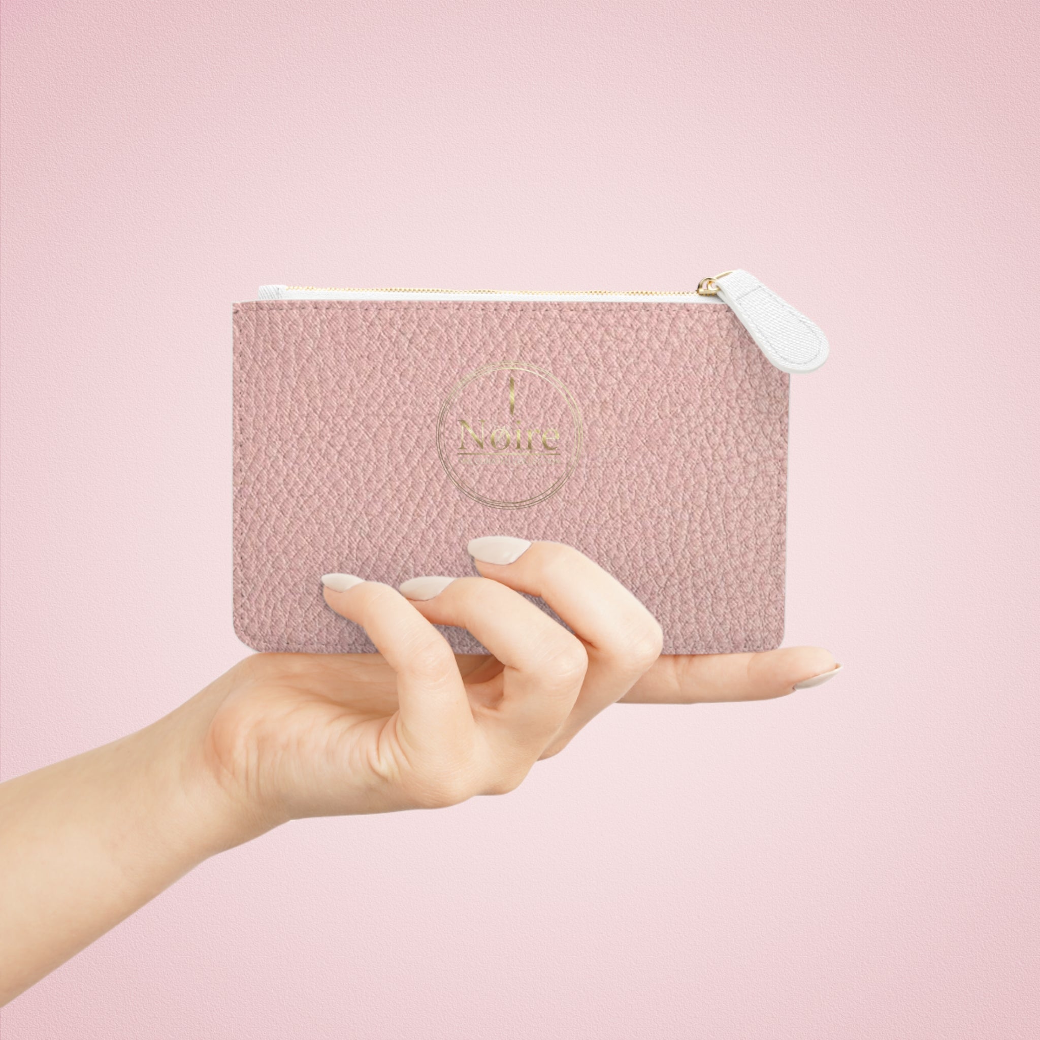 Pink Pebble Mini Clutch Bag — Compact Zipper Pouch with Gold Monogram Accent