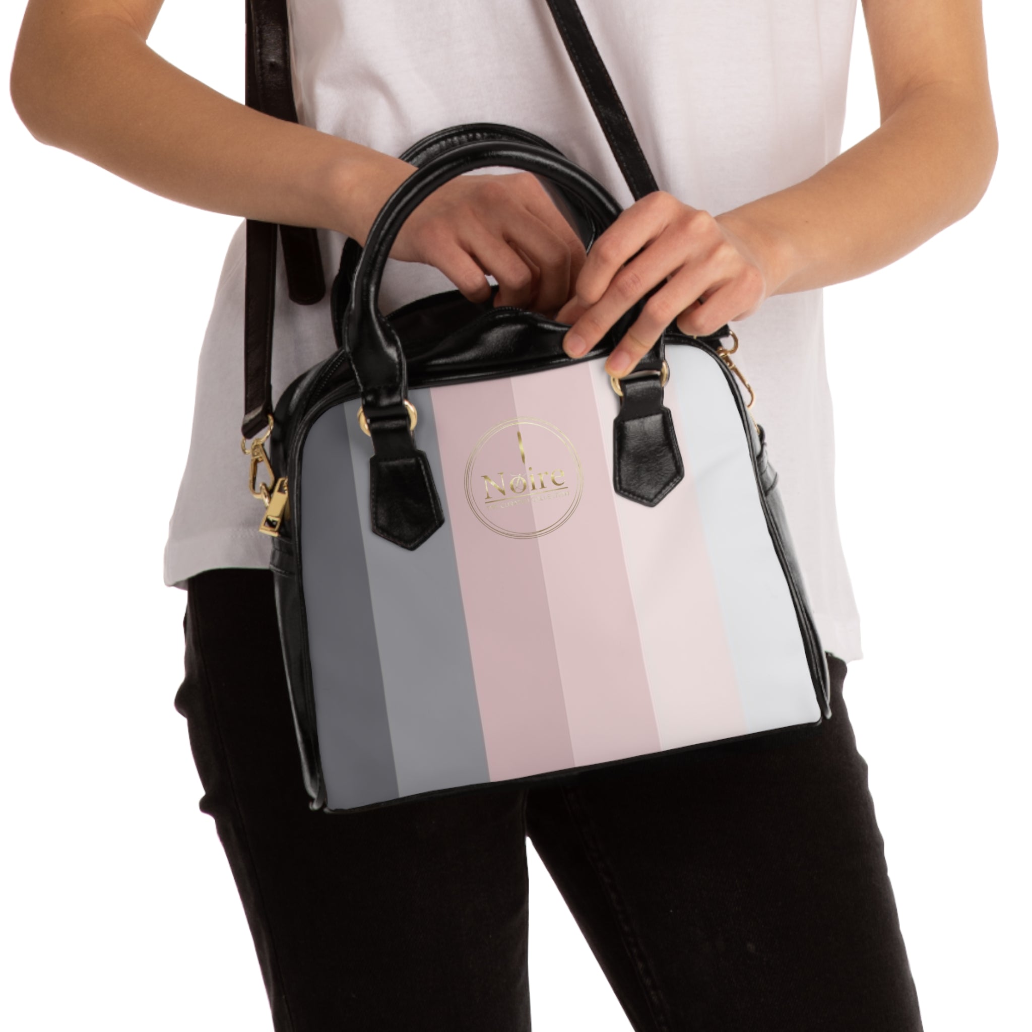 Pastel Striped Shoulder Handbag – Neutral Pink & Gray Fashion Tote
