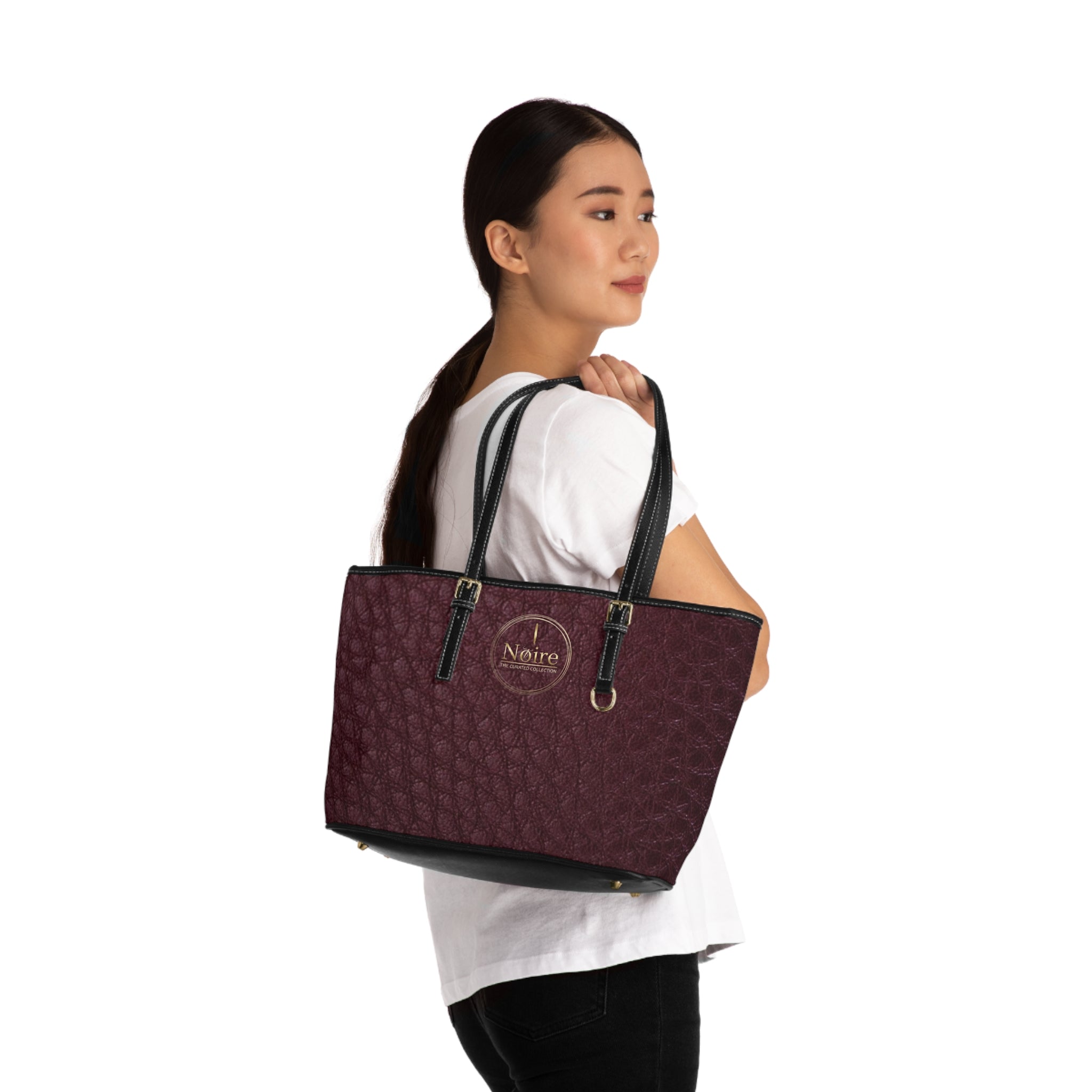 Quilted PU Leather Shoulder Bag — Burgundy Tote with Adjustable Straps