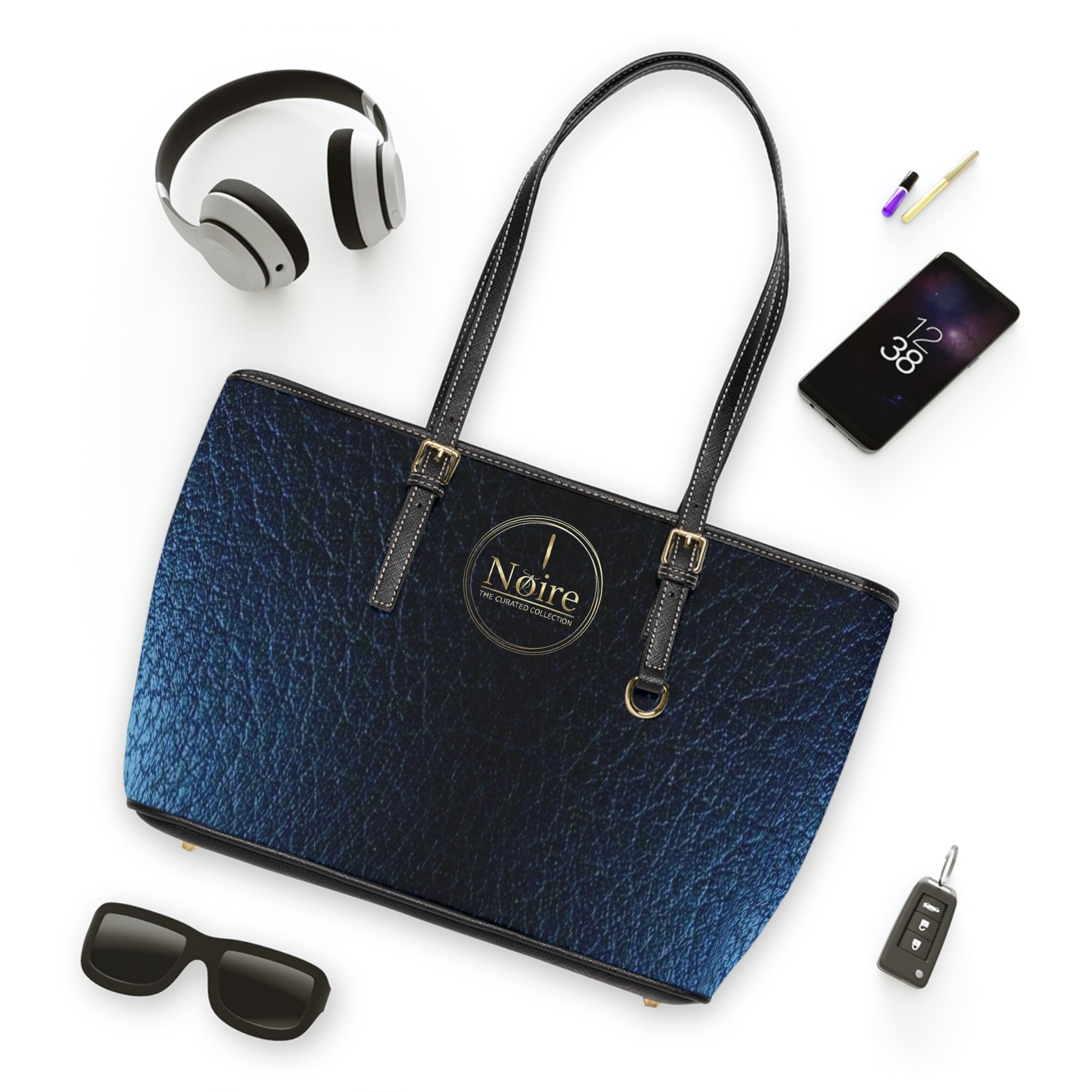 Navy Textured PU Leather Shoulder Bag — Classic Tote for Everyday & Work