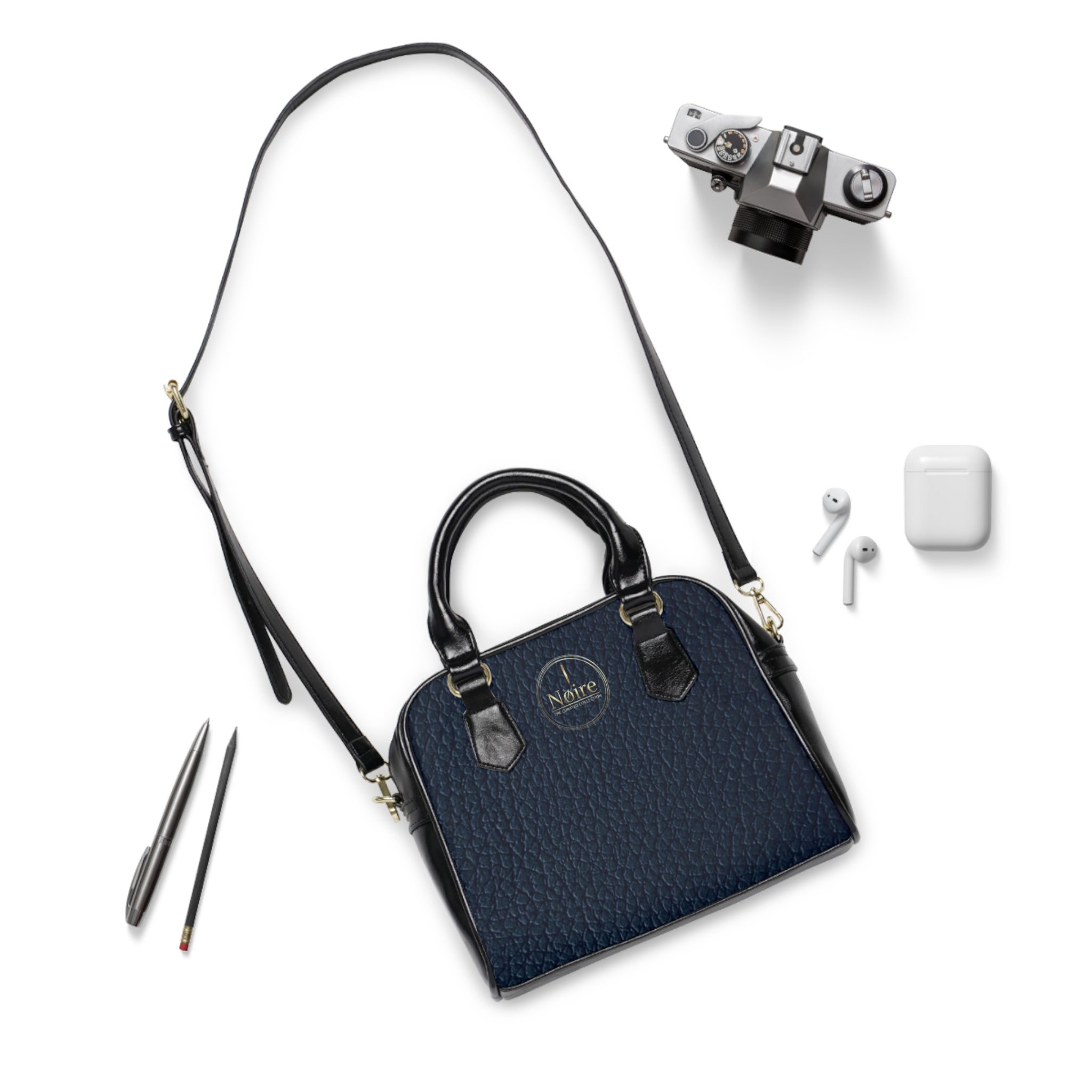 Navy Pebble Leather Shoulder Handbag – Classic Structured Satchel