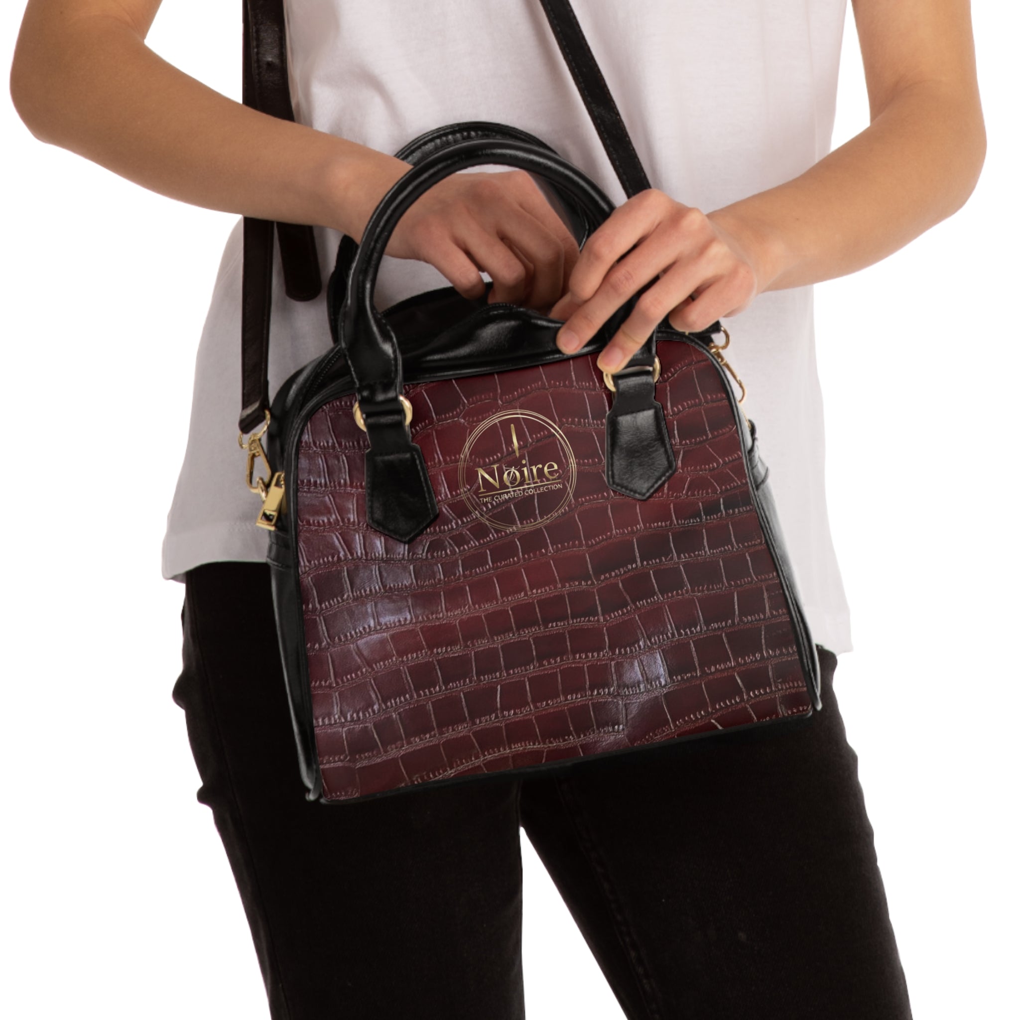 Croc-Embossed Shoulder Handbag — Burgundy "Noire" Accent