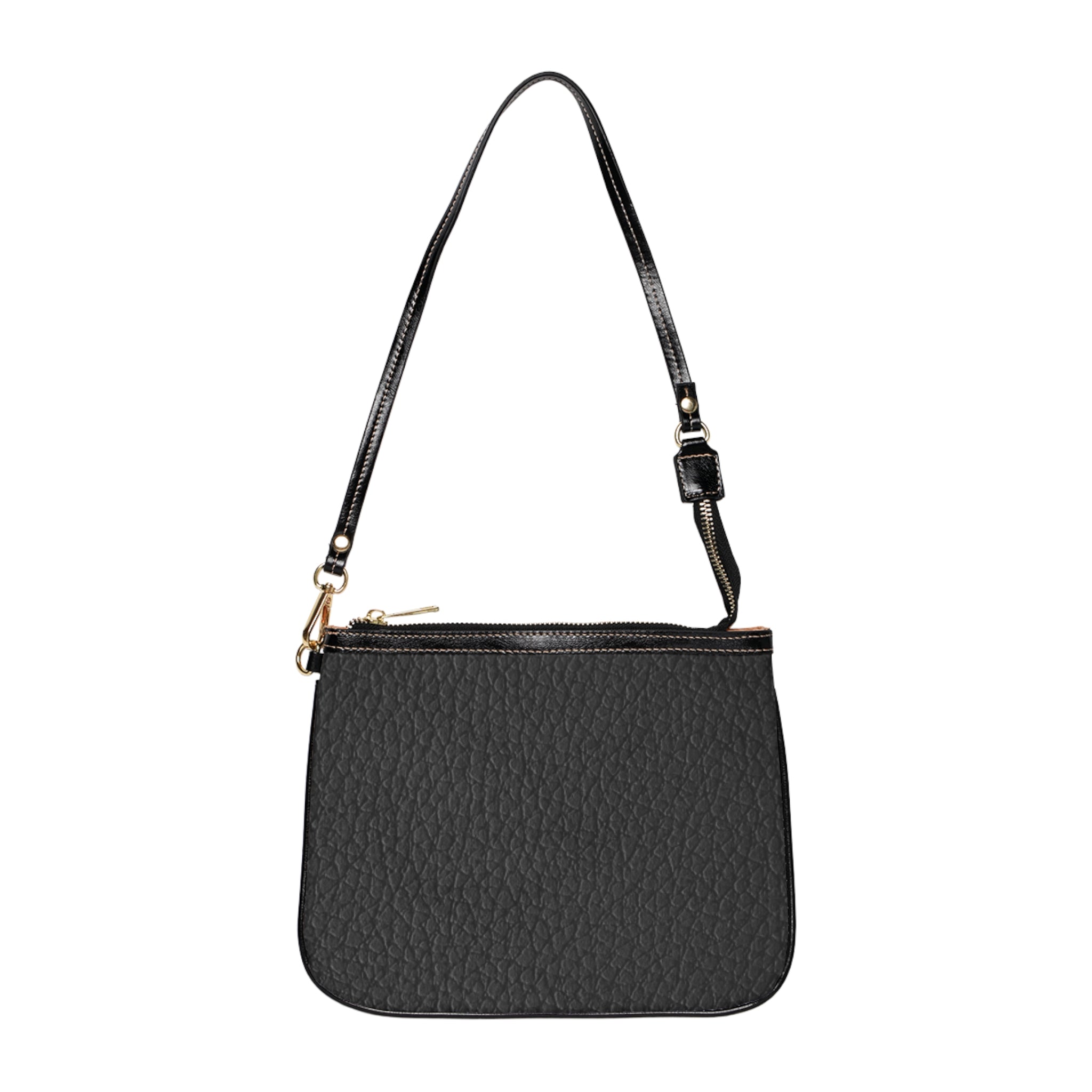 Black Pebbled Leather Small Shoulder Bag, Adjustable Strap | Minimal Logo Accent