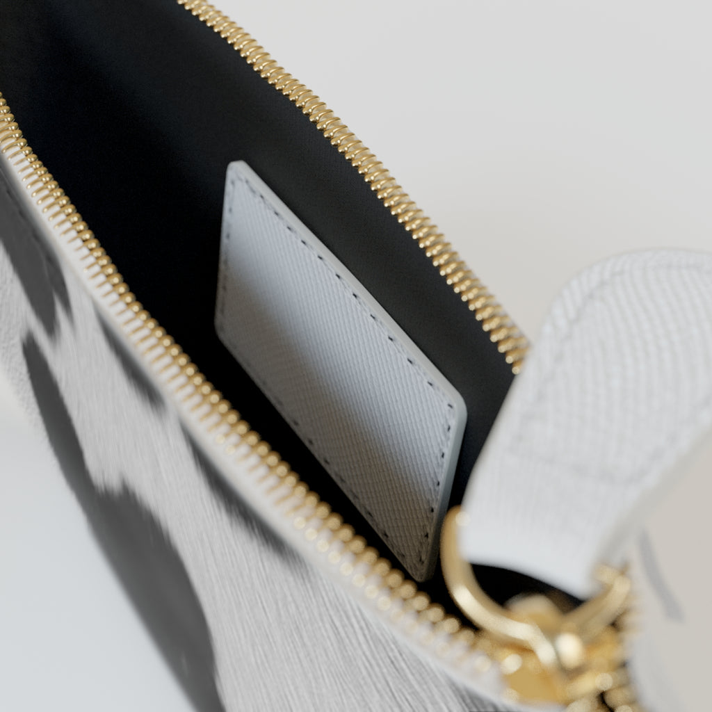 Cow Print Mini Clutch Bag — Black & White Faux Fur Pattern with Gold Logo