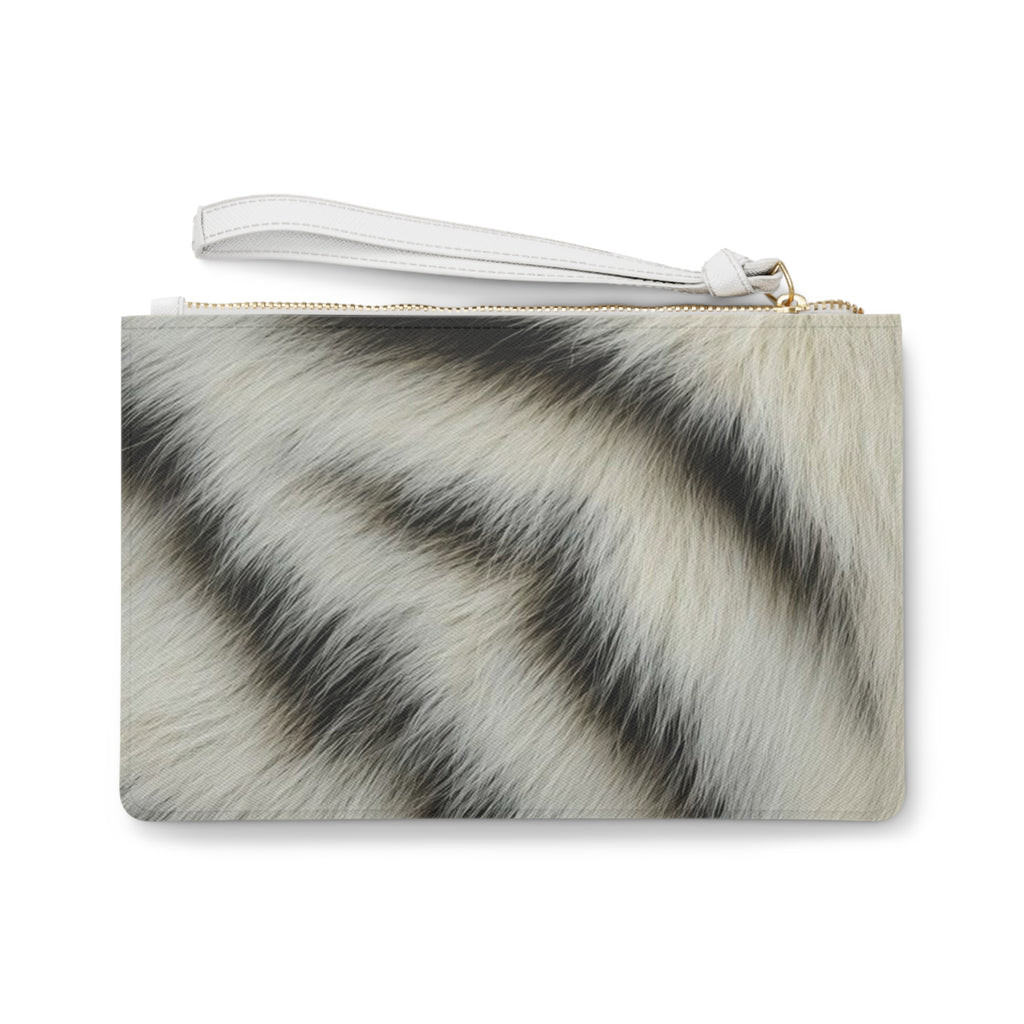 White Tiger Fur Print Clutch Bag | Faux Animal Stripe Wristlet