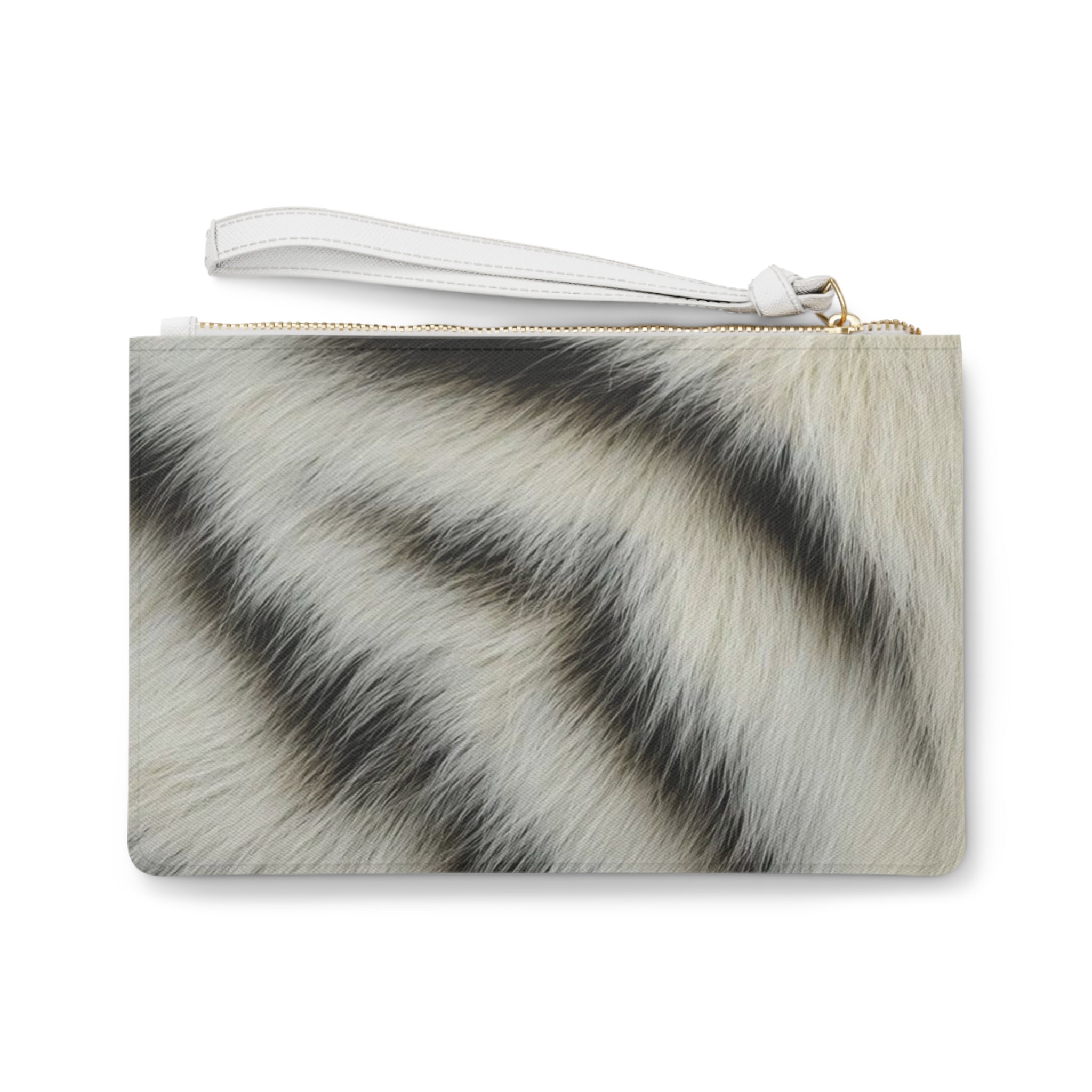 White Tiger Fur Print Clutch Bag | Faux Animal Stripe Wristlet