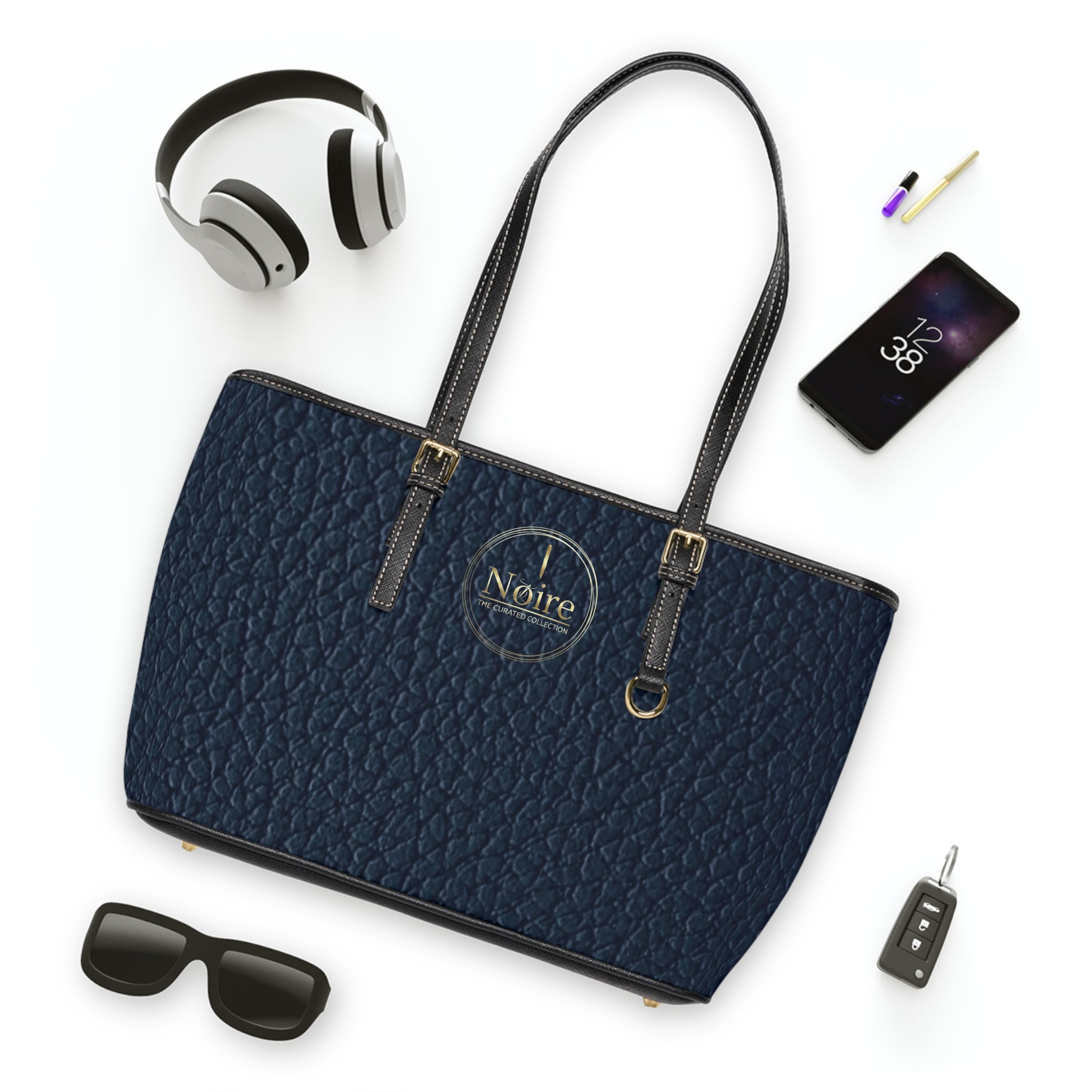 Noire Navy PU Leather Shoulder Bag – Classic Tote Handbag with Gold Logo