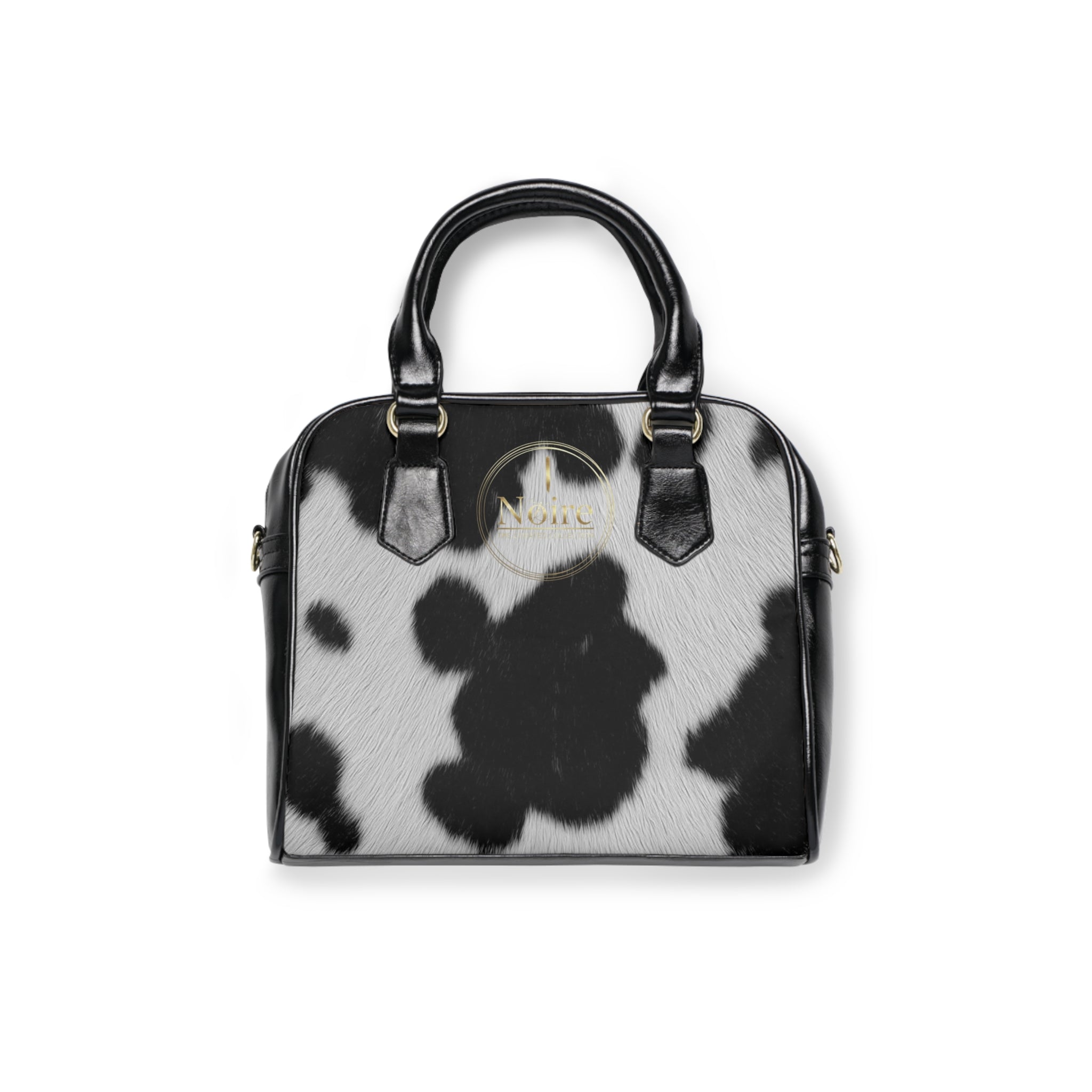 Cowhide Print Shoulder Handbag – Black & White Faux Fur Satchel