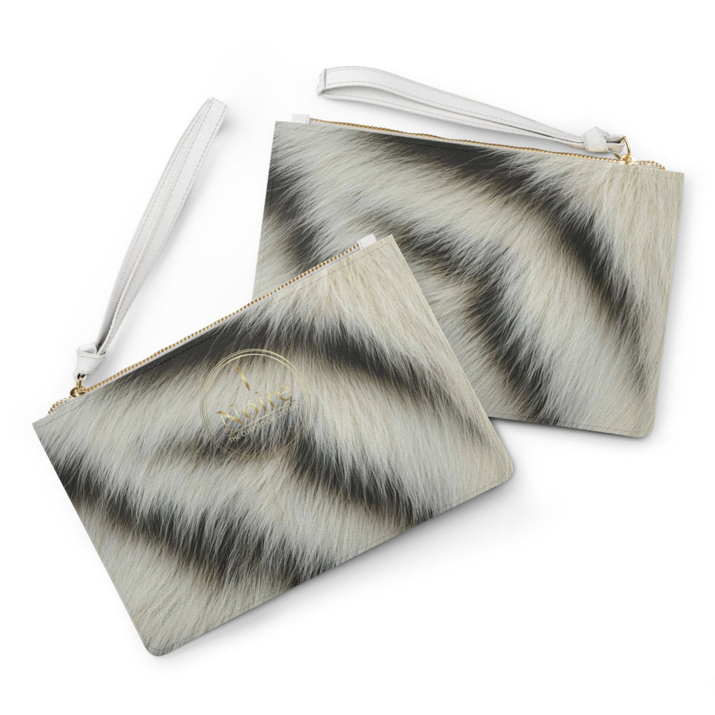 White Tiger Fur Print Clutch Bag | Faux Animal Stripe Wristlet