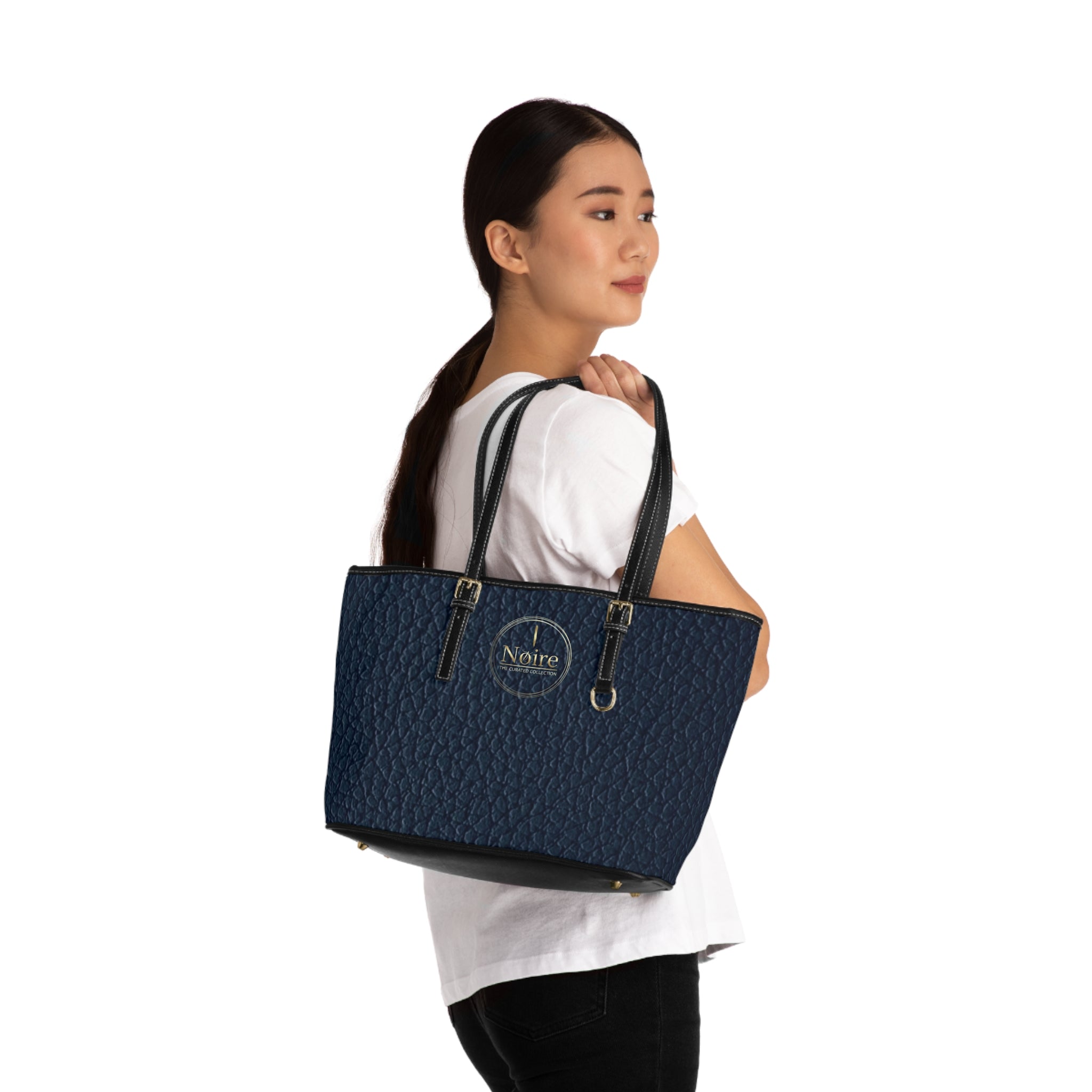 Noire Navy PU Leather Shoulder Bag – Classic Tote Handbag with Gold Logo