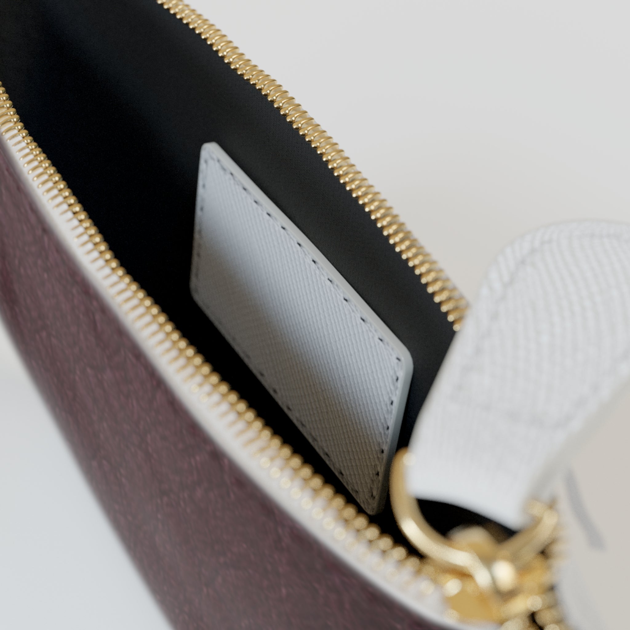 Mini Clutch Bag — Burgundy Leatherette Zipper Pouch with Gold “Noire” Logo