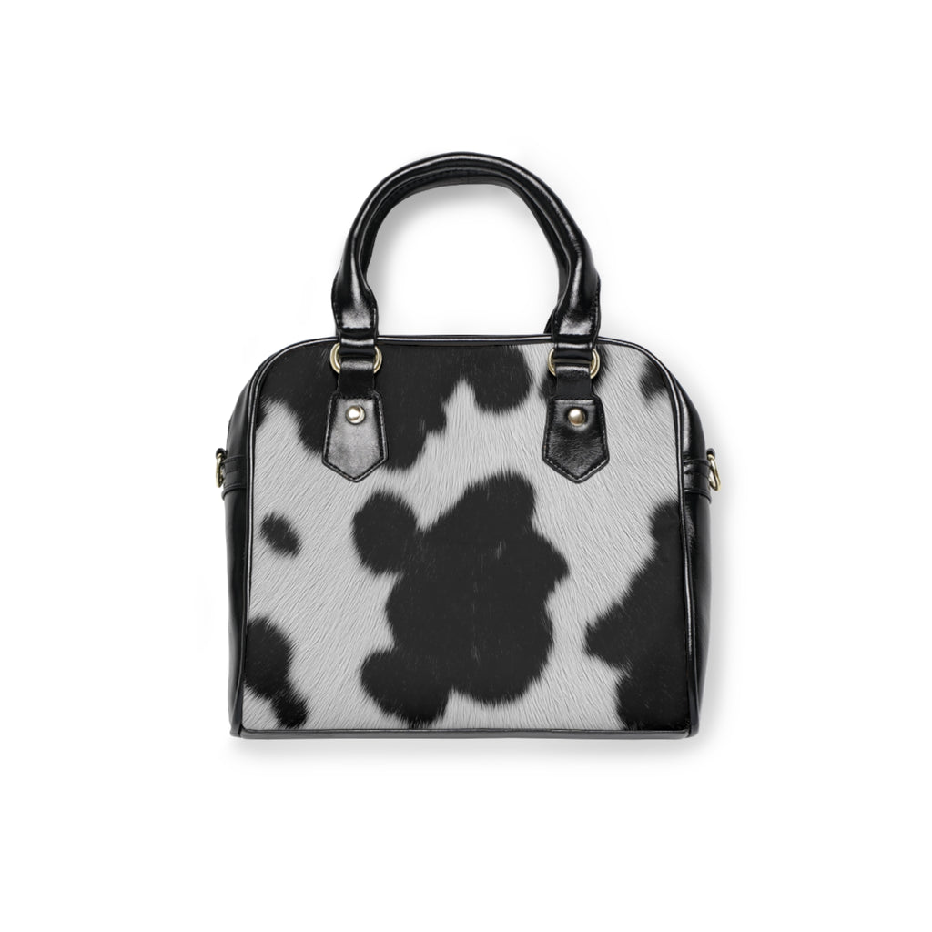 Cowhide Print Shoulder Handbag – Black & White Faux Fur Satchel