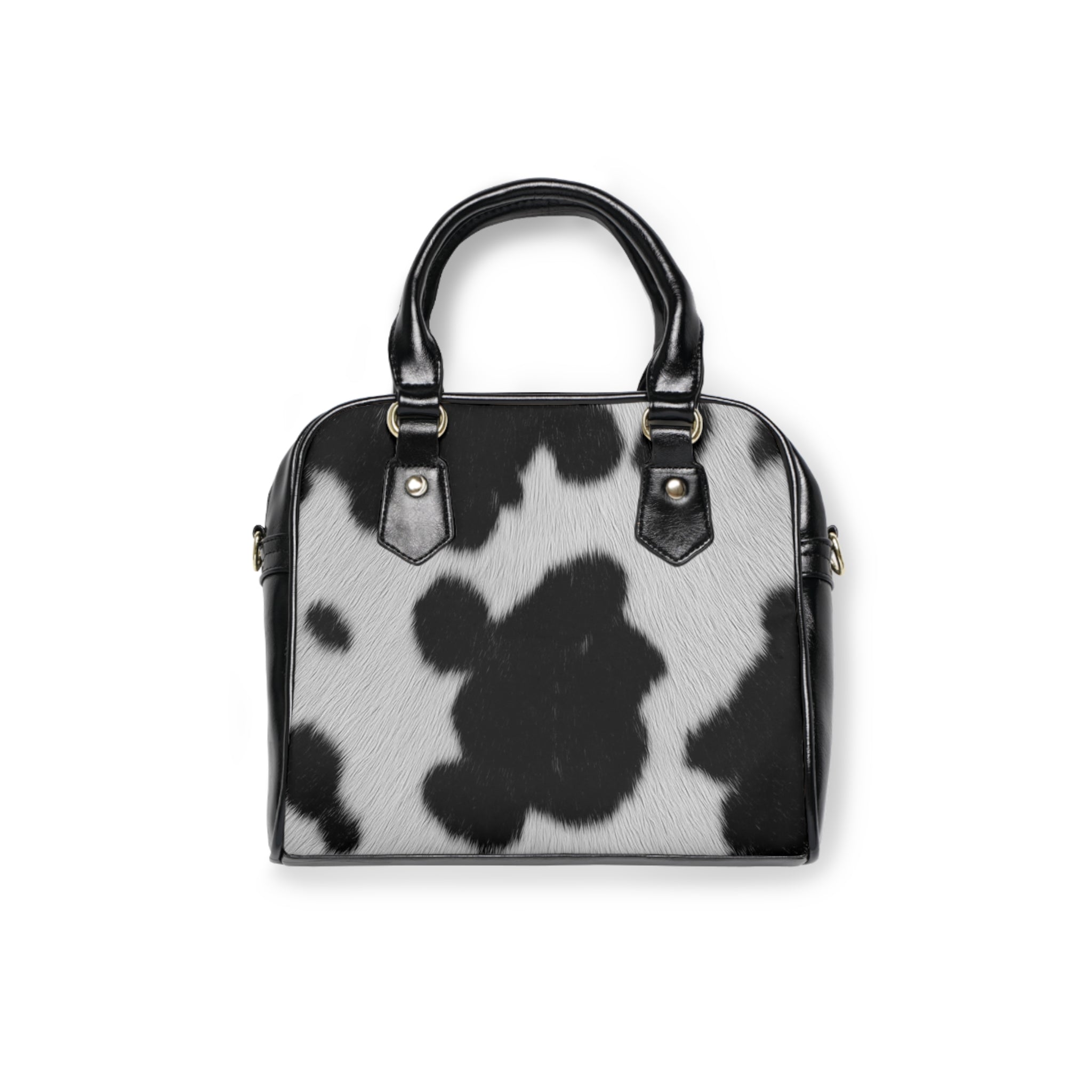 Cowhide Print Shoulder Handbag – Black & White Faux Fur Satchel