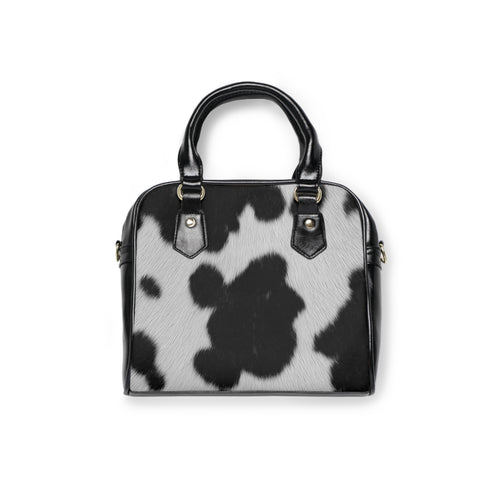 Cowhide Print Shoulder Handbag – Black & White Faux Fur Satchel