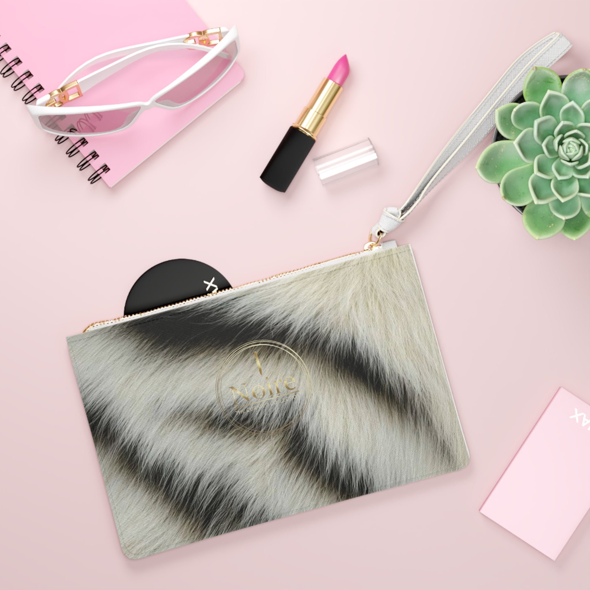 Snow Tiger Print Clutch Bag — Faux Fur Zebra Stripe Wristlet