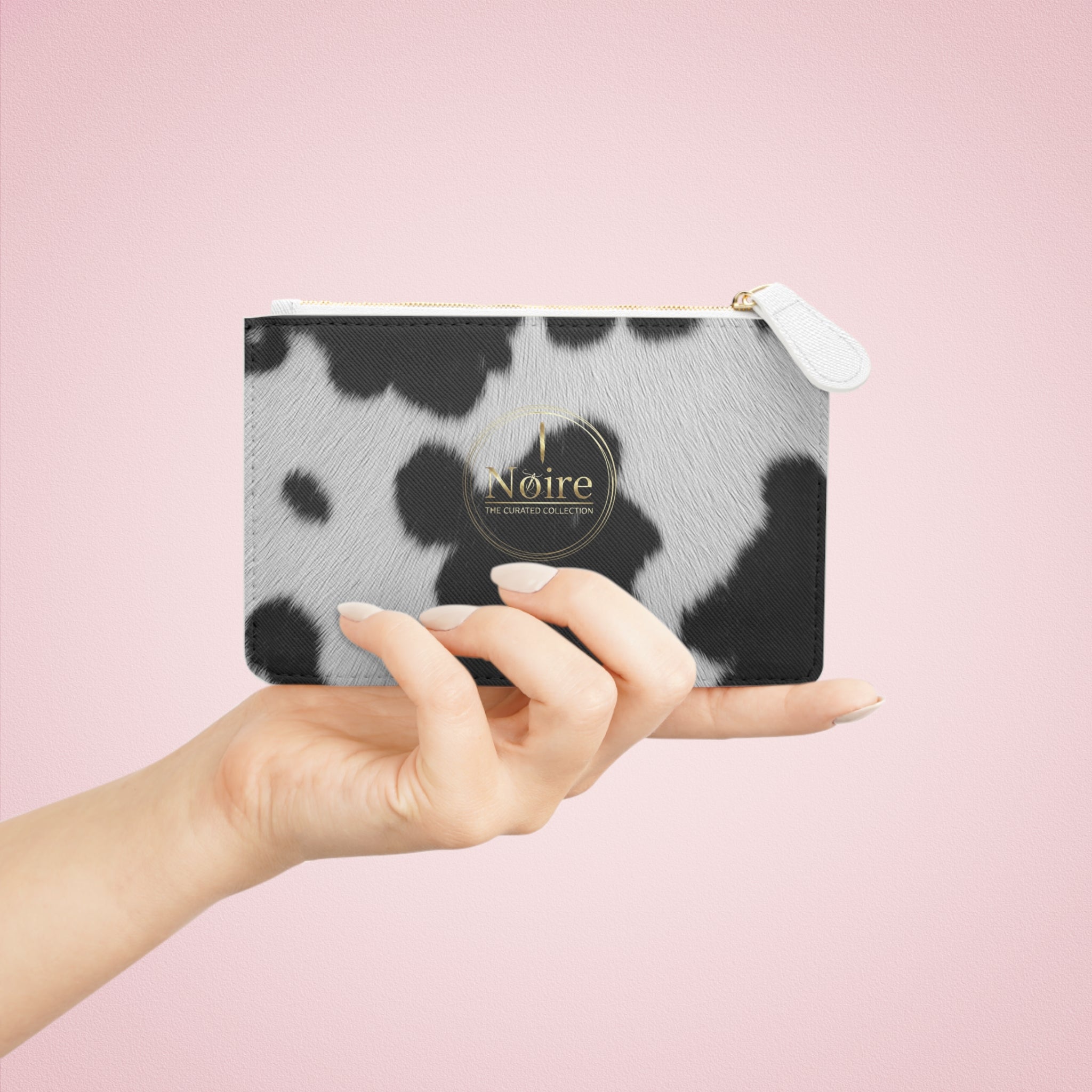 Cow Print Mini Clutch Bag — Black & White Faux Fur Pattern with Gold Logo