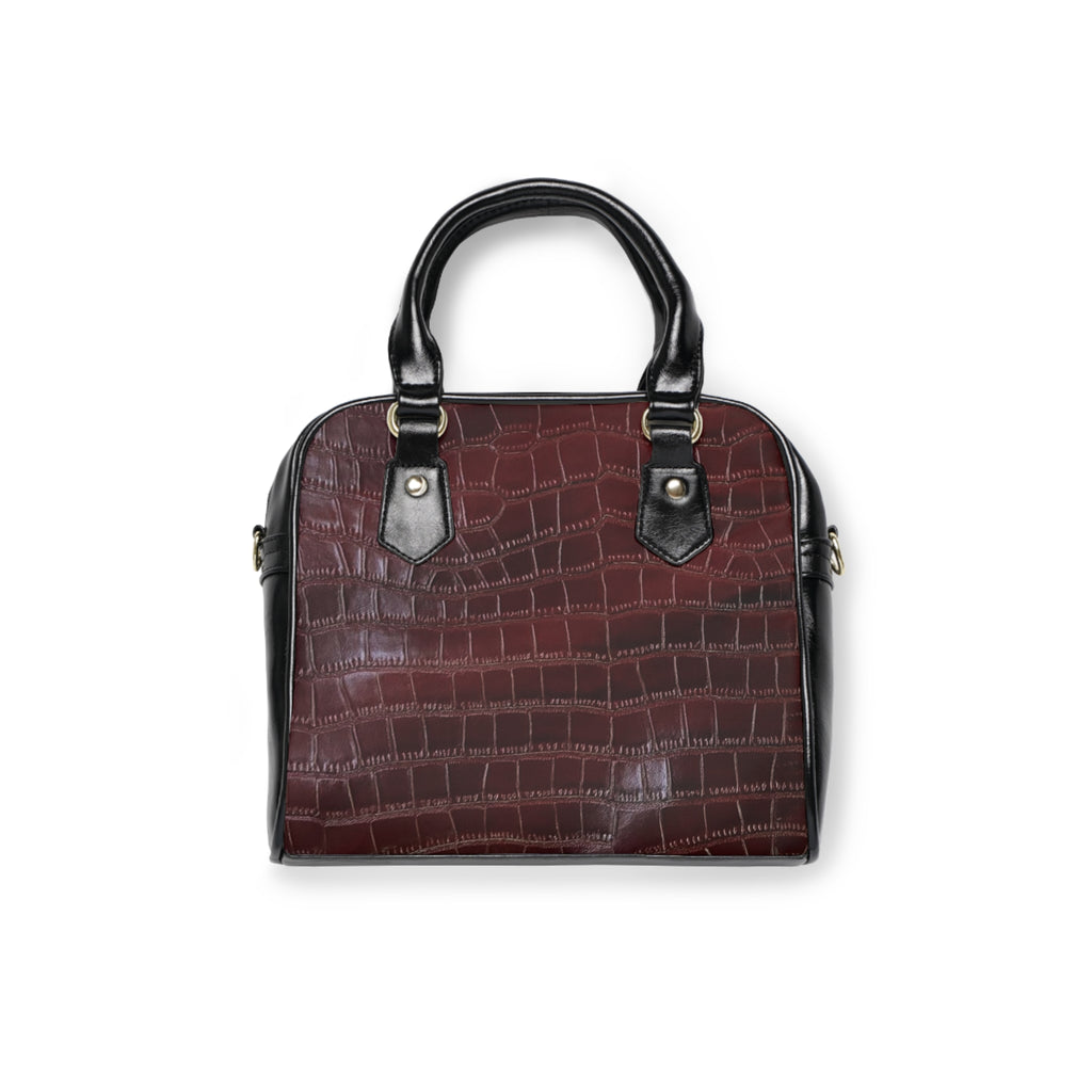 Croc-Embossed Shoulder Handbag — Burgundy "Noire" Accent