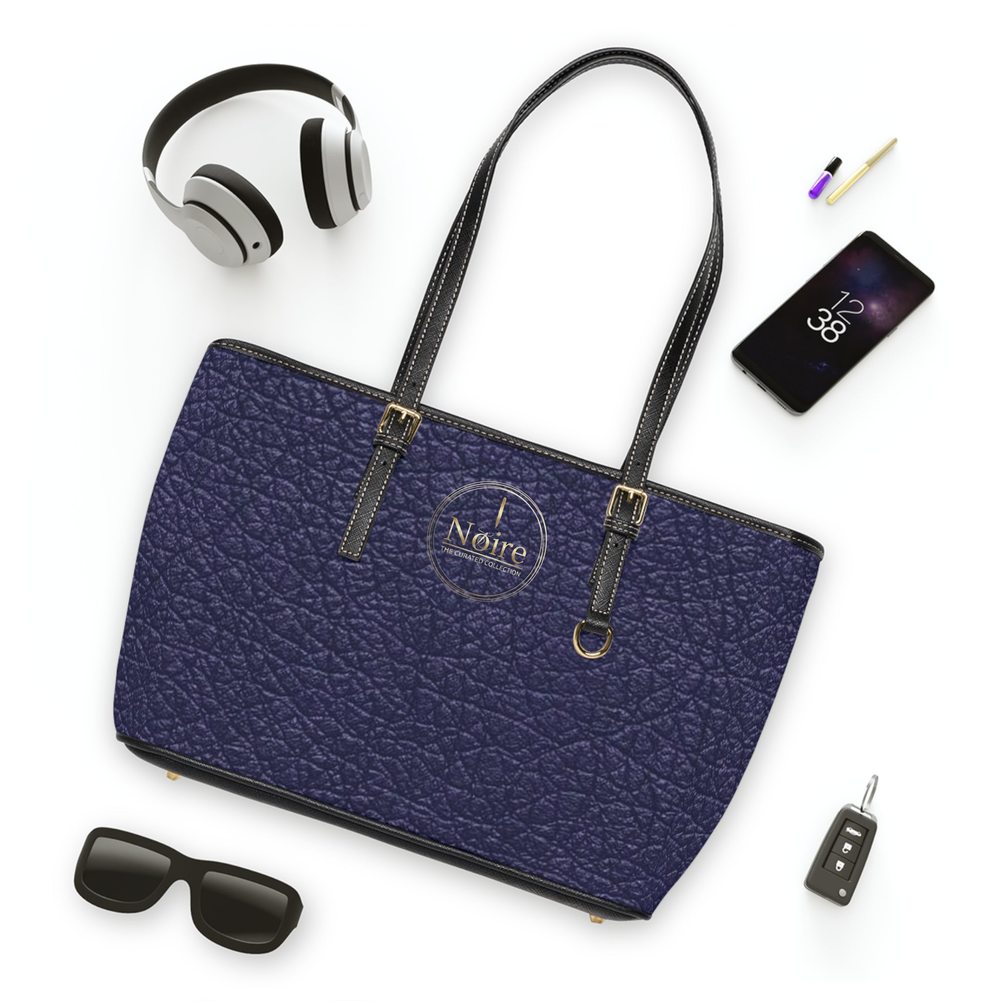 Noire Embossed PU Leather Shoulder Bag – Navy Tote with Gold Logo