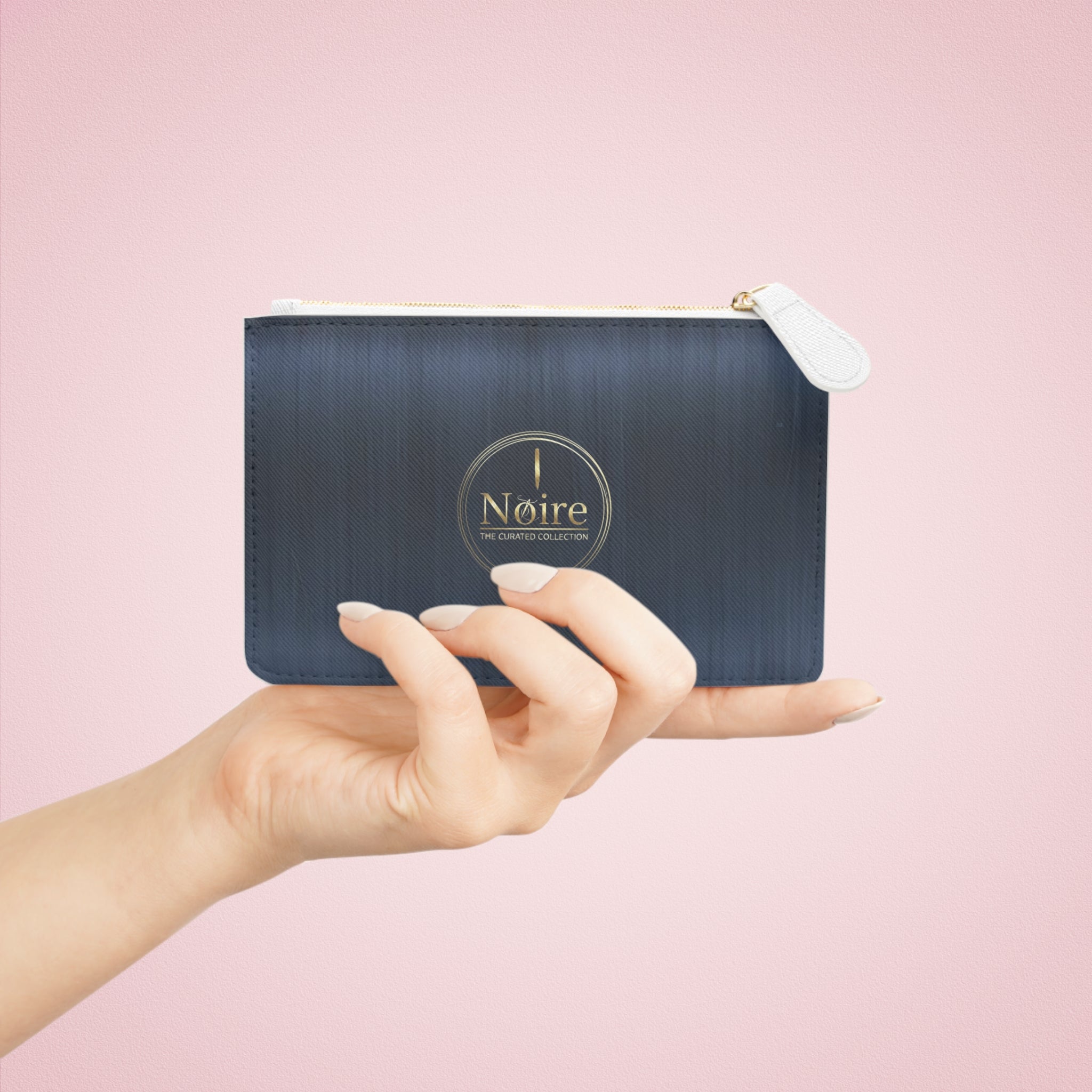 Noire Mini Clutch Bag — Elegant Black Zip Pouch with Gold Logo