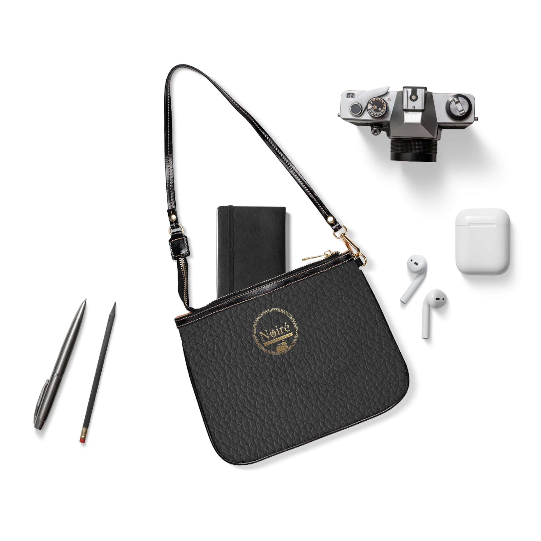Black Pebbled Leather Small Shoulder Bag, Adjustable Strap | Minimal Logo Accent