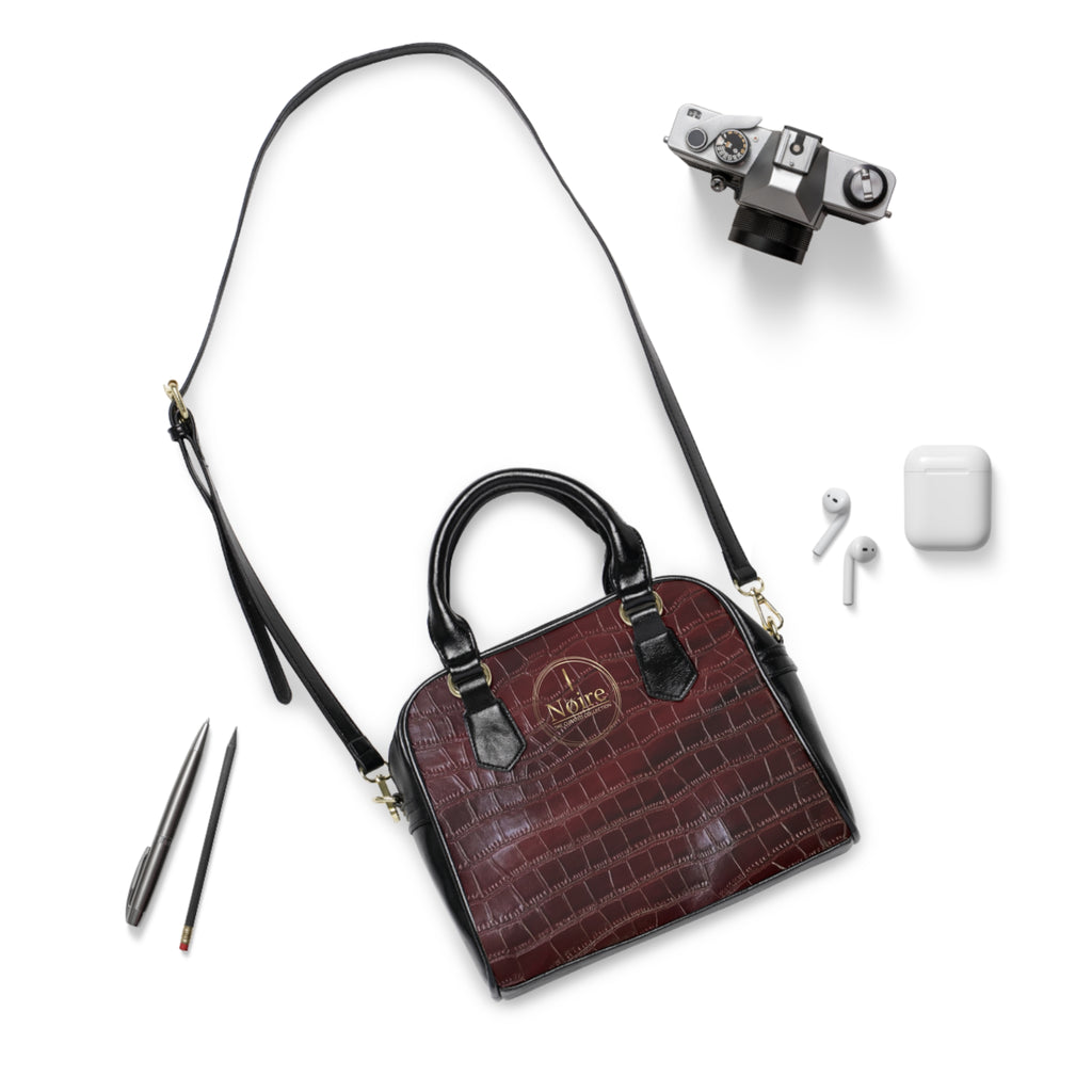 Croc-Embossed Shoulder Handbag — Burgundy "Noire" Accent