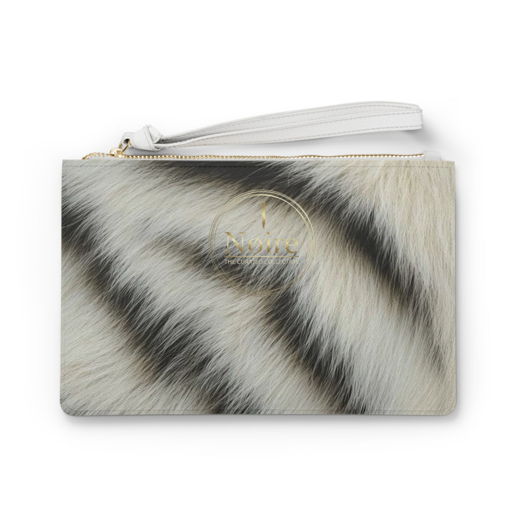 White Tiger Fur Print Clutch Bag | Faux Animal Stripe Wristlet