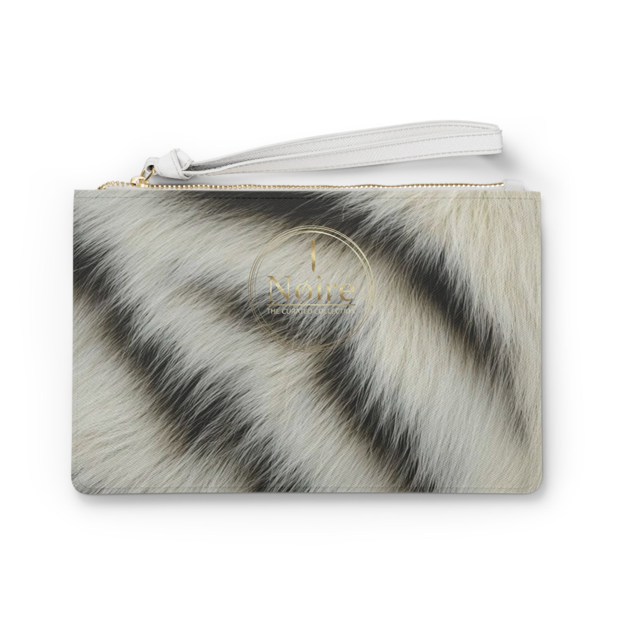 White Tiger Fur Print Clutch Bag | Faux Animal Stripe Wristlet