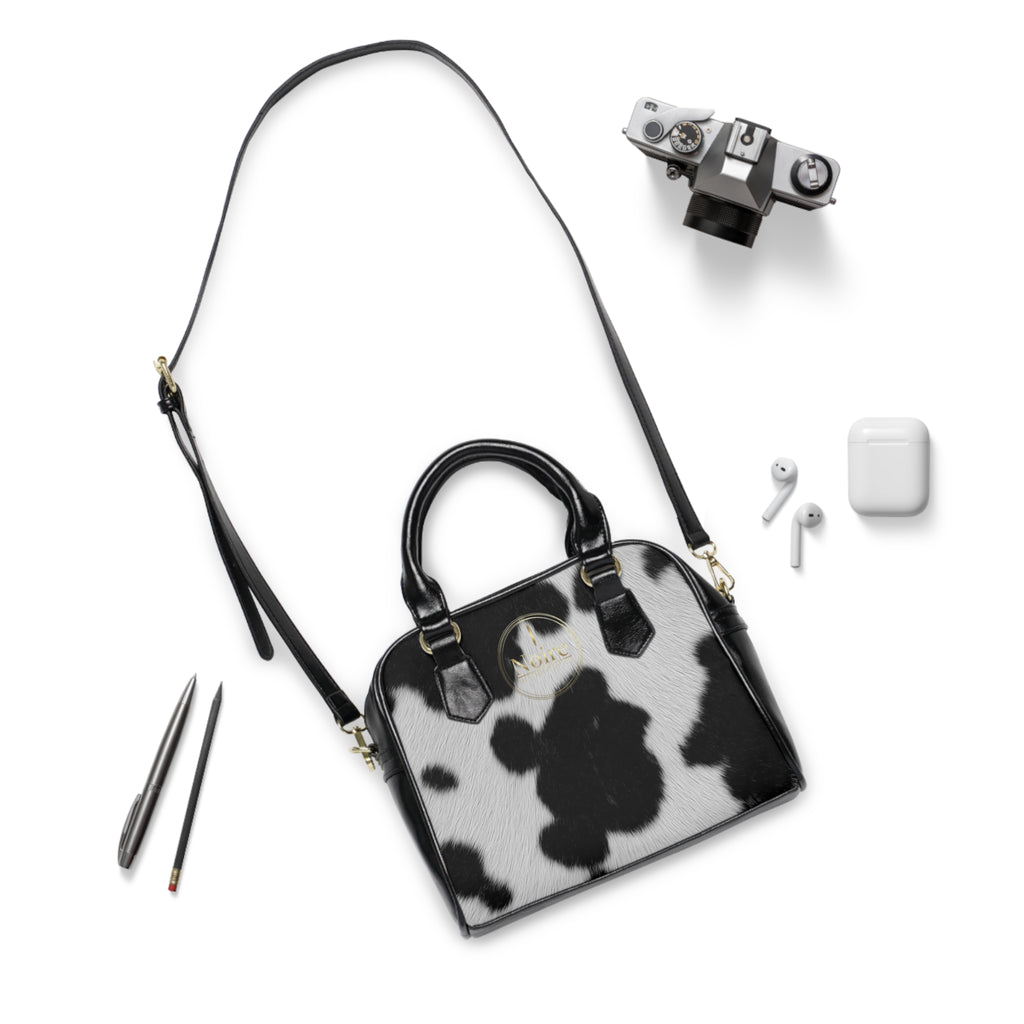Cowhide Print Shoulder Handbag – Black & White Faux Fur Satchel