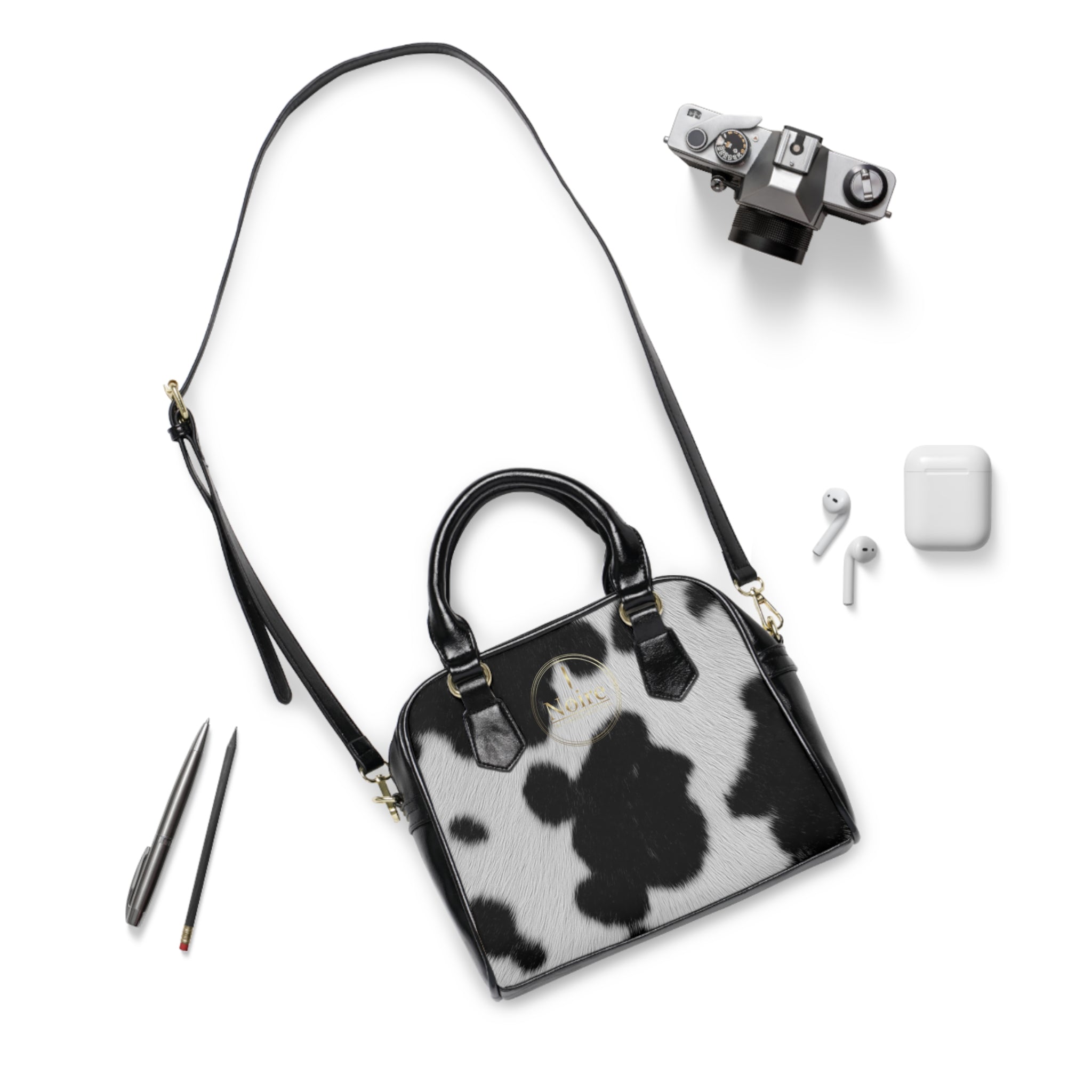 Cowhide Print Shoulder Handbag – Black & White Faux Fur Satchel