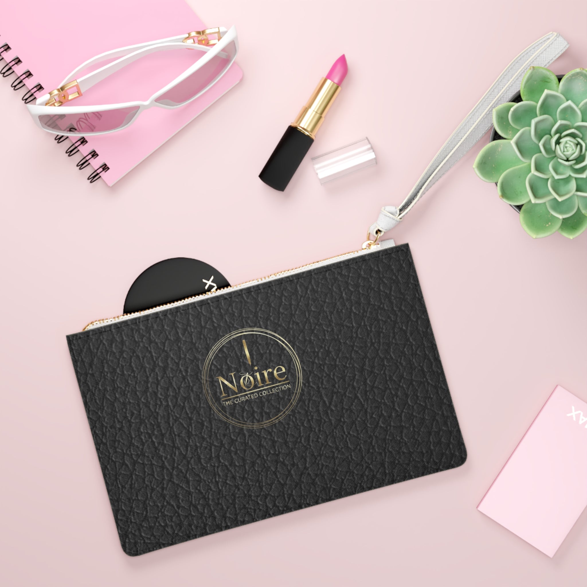 Black Pebbled Clutch Bag – Minimal Leather Wristlet Purse