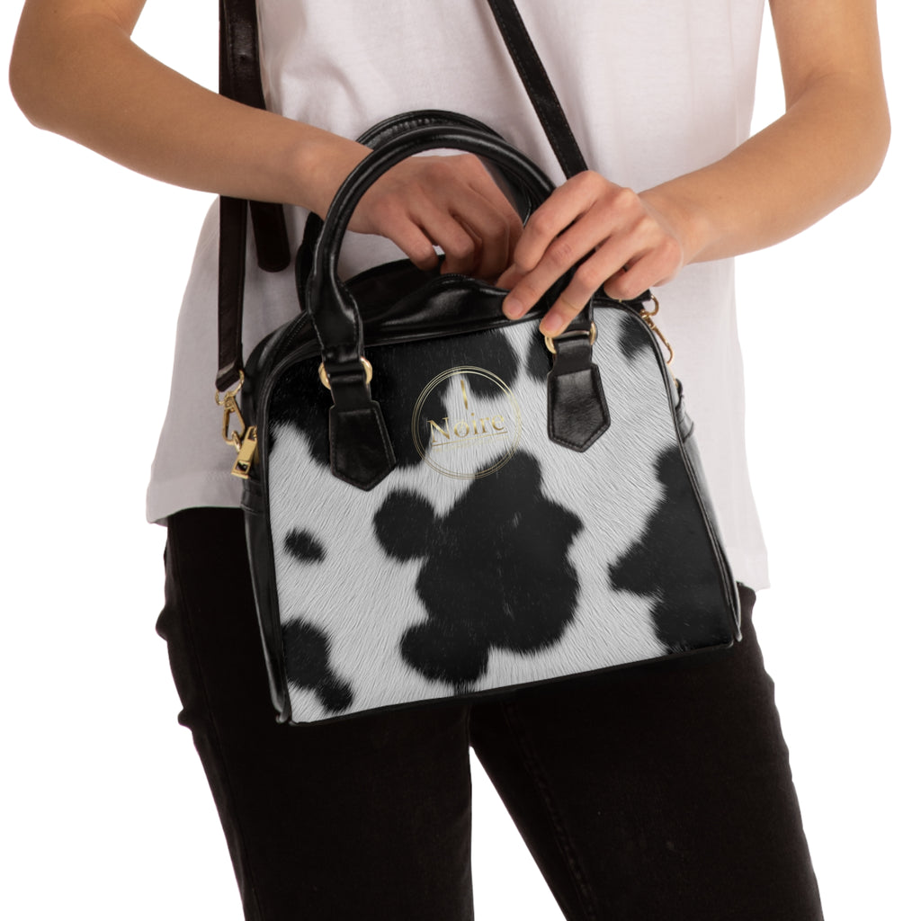 Cowhide Print Shoulder Handbag – Black & White Faux Fur Satchel
