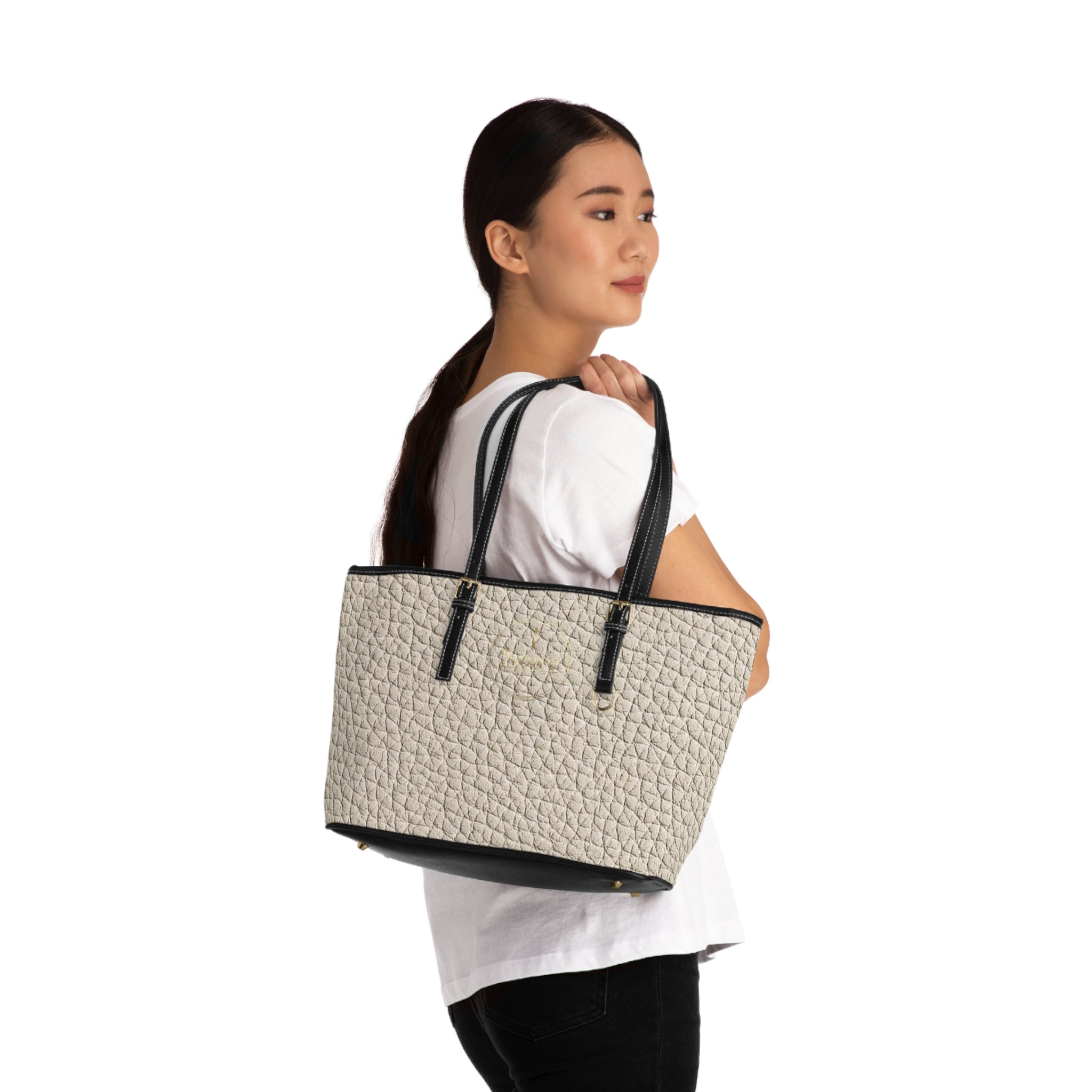 Textured PU Leather Tote Bag - Cream Shoulder Handbag