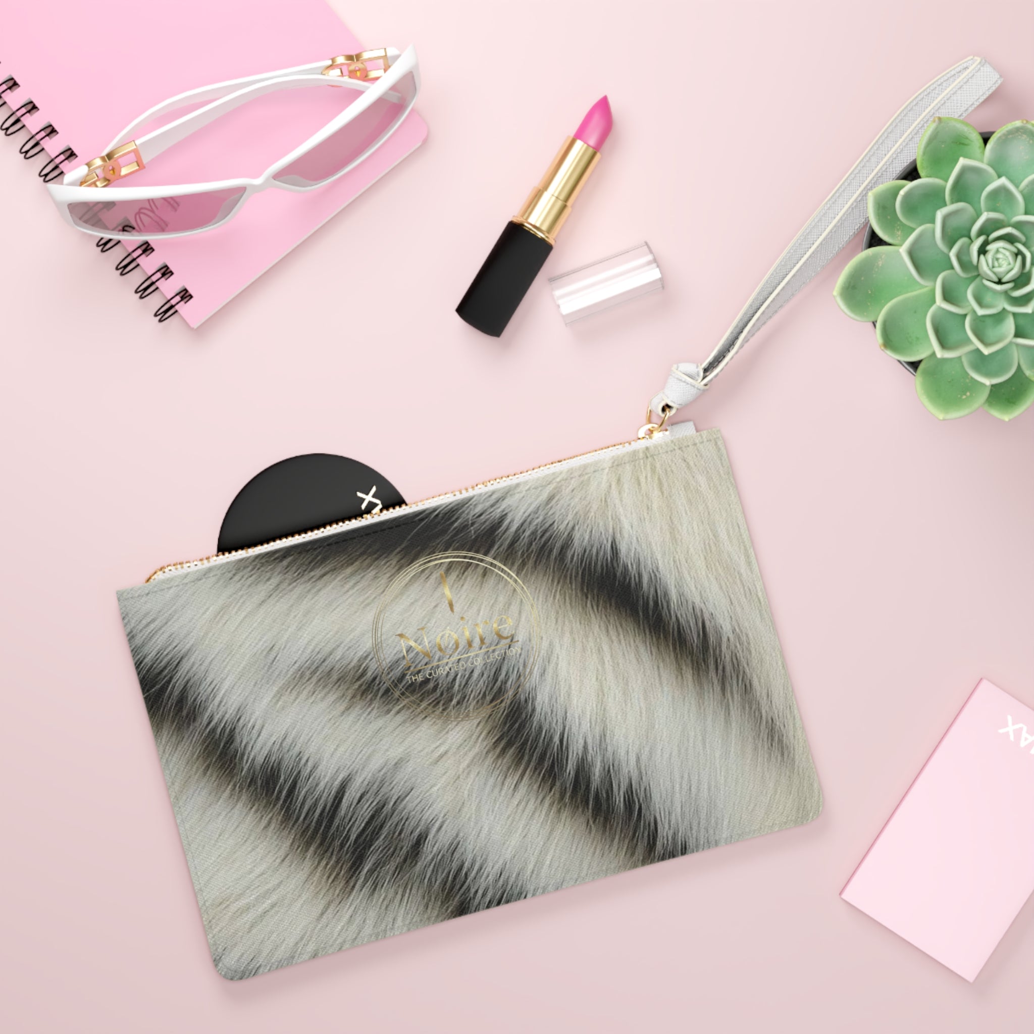 White Tiger Fur Print Clutch Bag | Faux Animal Stripe Wristlet