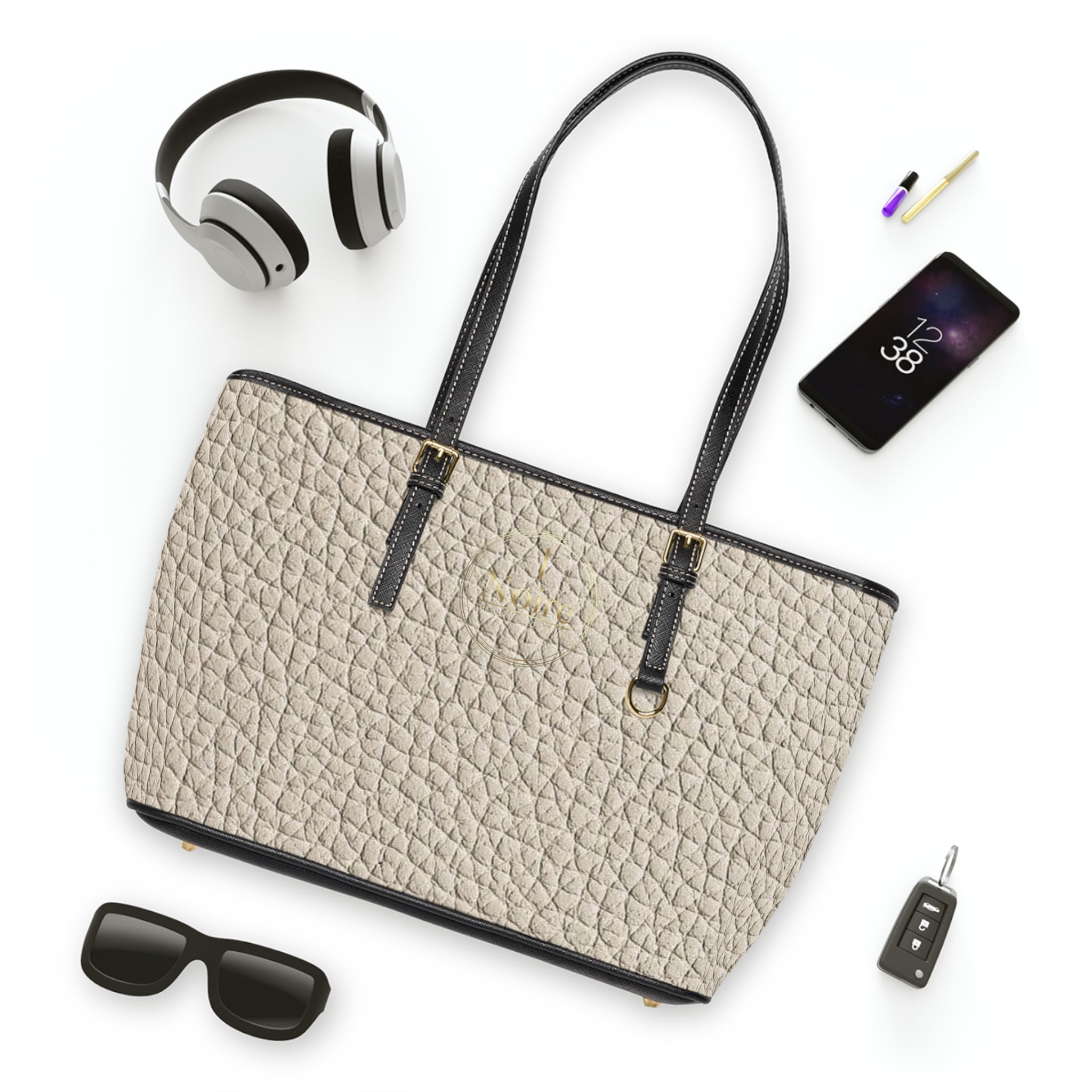 Textured PU Leather Tote Bag - Cream Shoulder Handbag