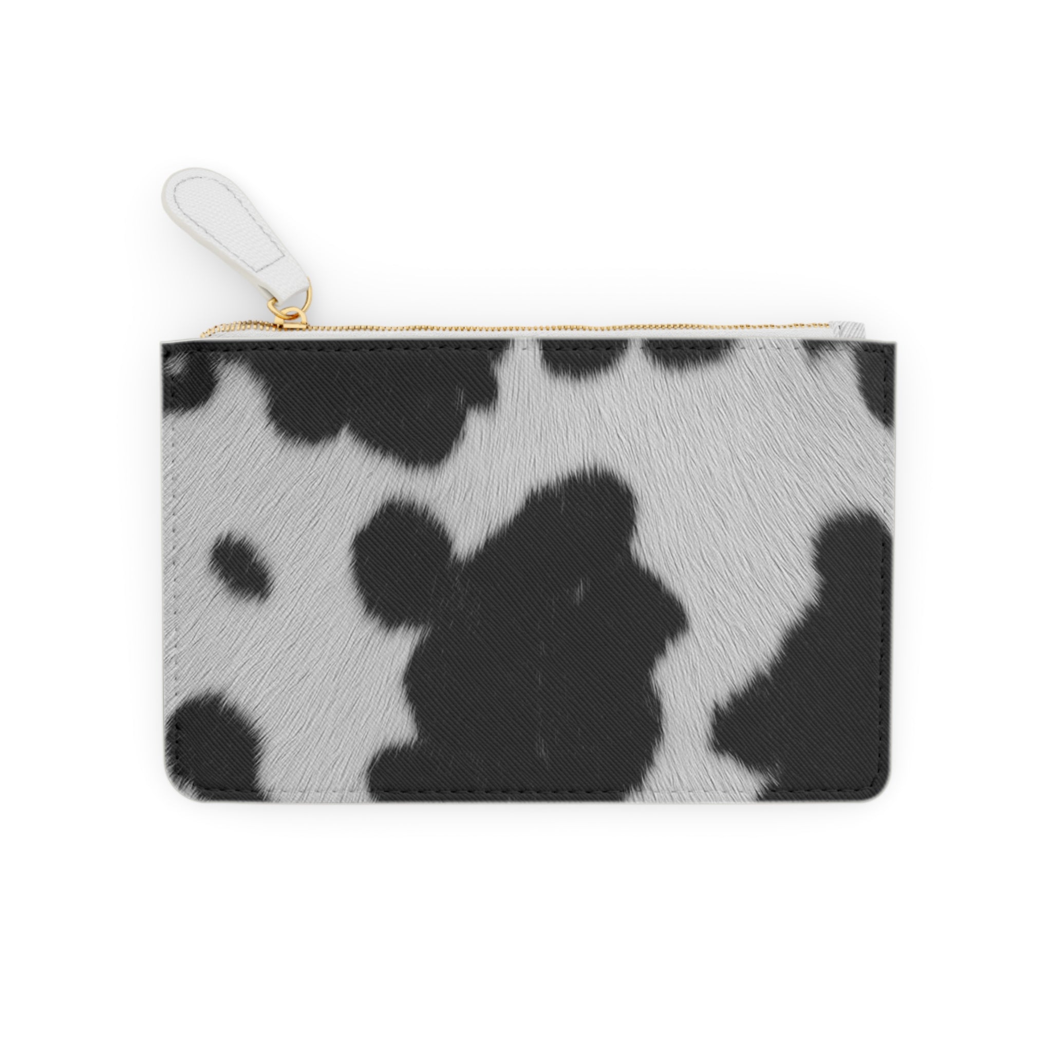 Cow Print Mini Clutch Bag — Black & White Faux Fur Pattern with Gold Logo